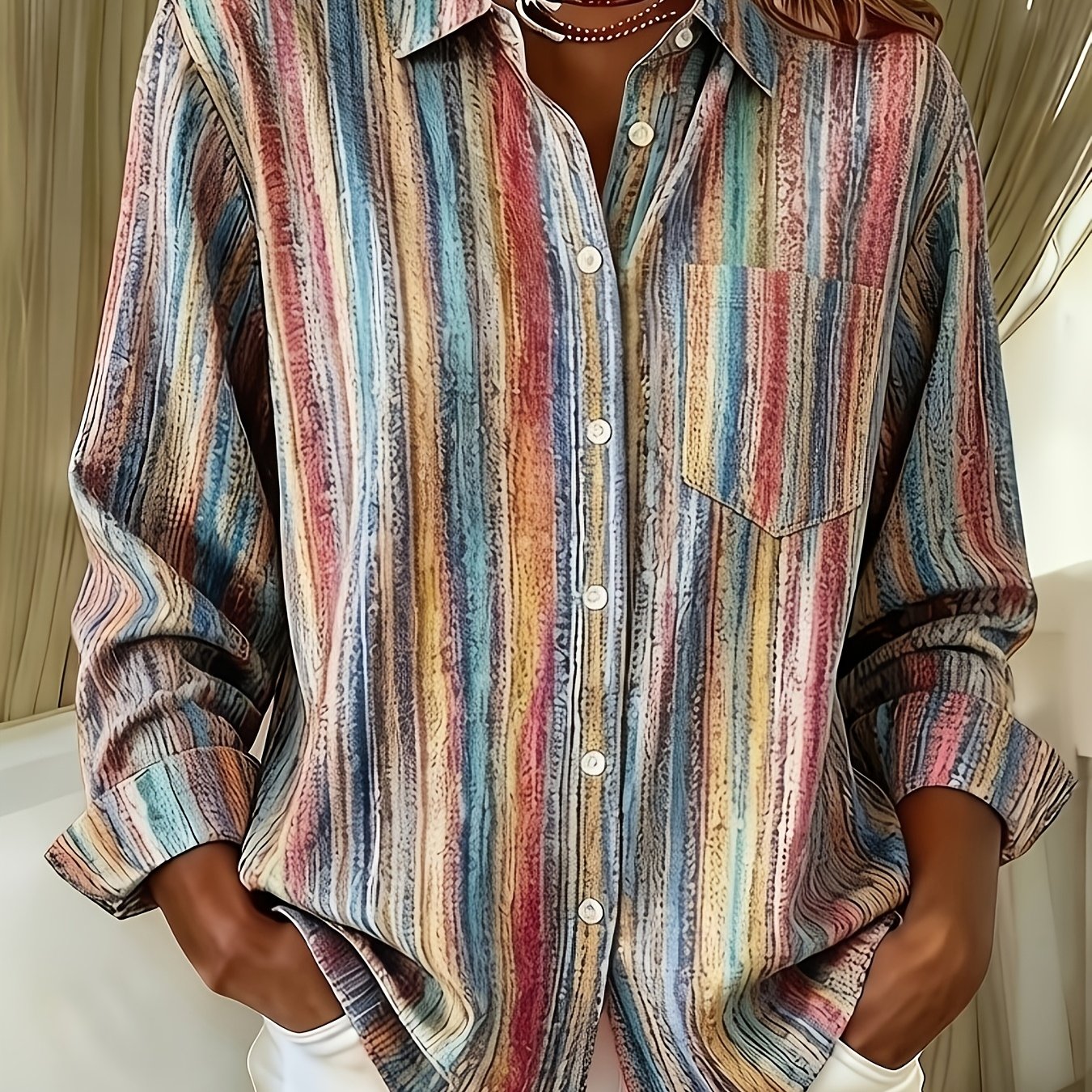 TEMU Plus Size, Elegant Lapel Striped Long Sleeve Women's Plus Size Open Front Versatile Shirt Office Single-breasted Top With Pockets
