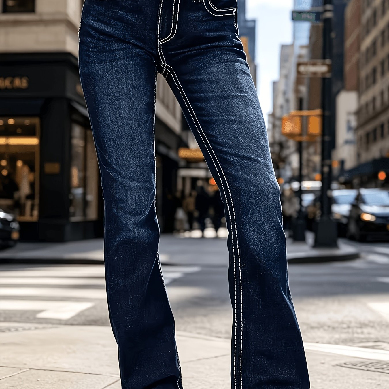 TEMU [hme] Women's Dark Contrast Flap Pocket Flare Jeans, Western Style Stretch Slim Bootcut Denim Pants. And Versatile, Featuring A Stretch Slim