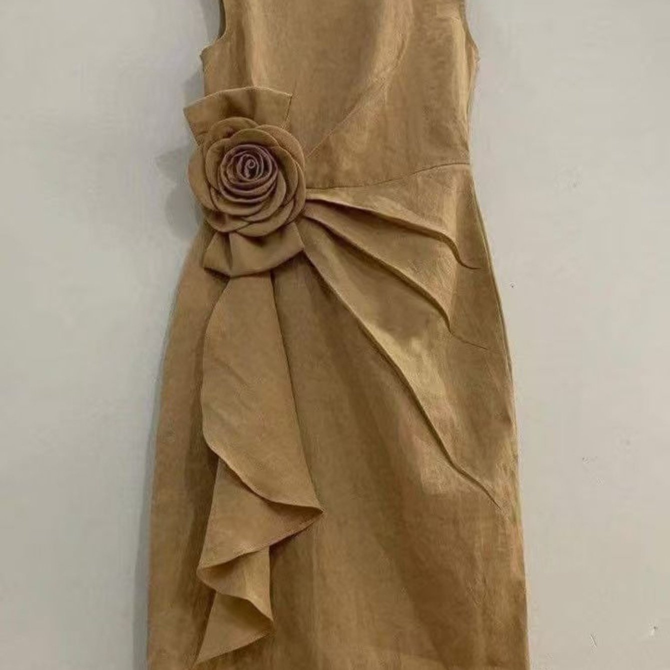 TEMU Light Khaki Sleeveless Floral-embellished Asymmetric Waist Dress For Women | Vintage-inspired Elegant And Sophisticated Piece, Perfect For Urban