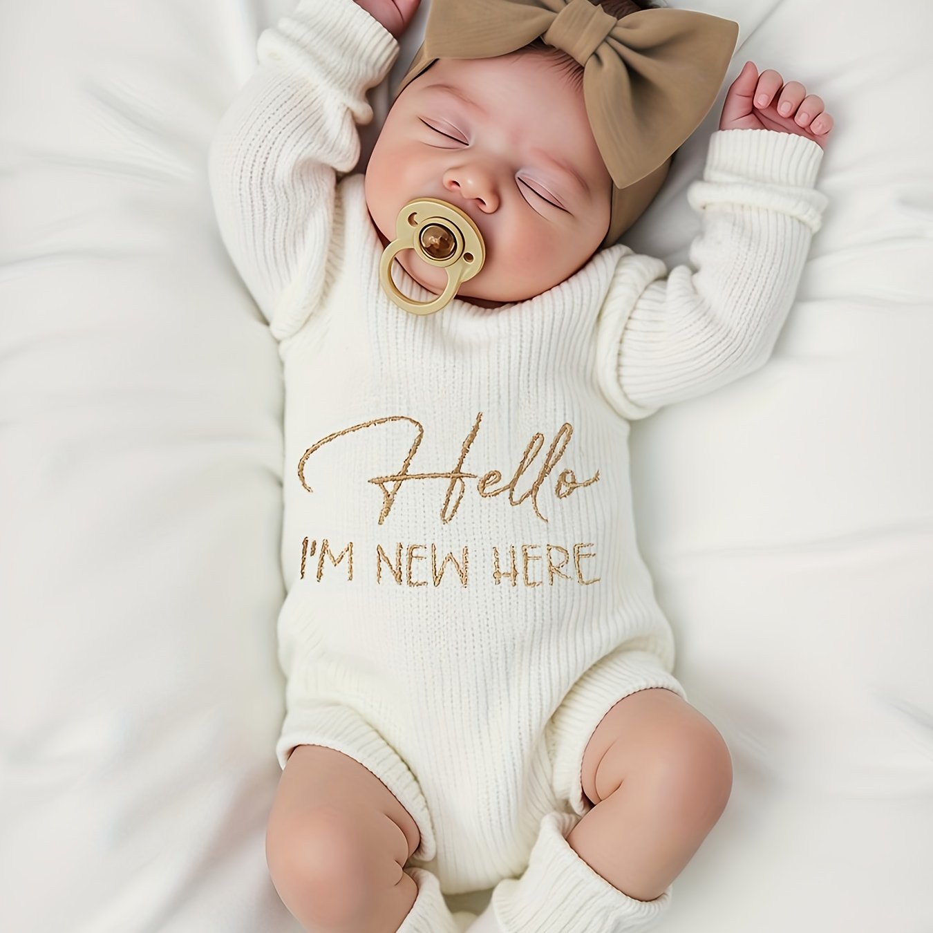 2-pcs Newborn Letter Embroidery Sweater With Bow Headband, Baby Knitted Sweatshirt Pullover Autumn/winter Clothing Set, Newborn Photography Outfit