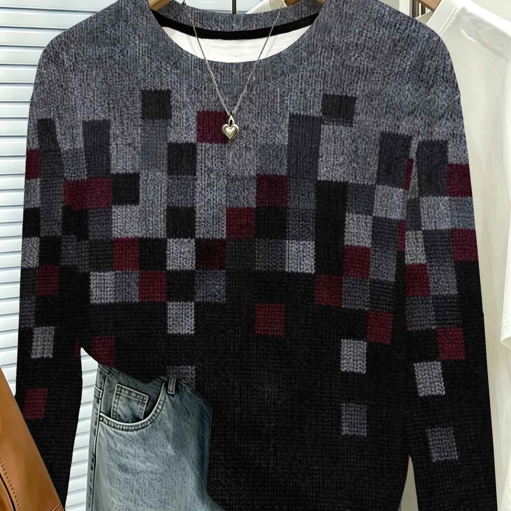 TEMU [Design Imprimé - Texture Non Réelle] Haut Femme Grande Taille Vintage Mosaïque Imprimé Carré Col Rond Manches Longues, Noir Motif Pixel Check,