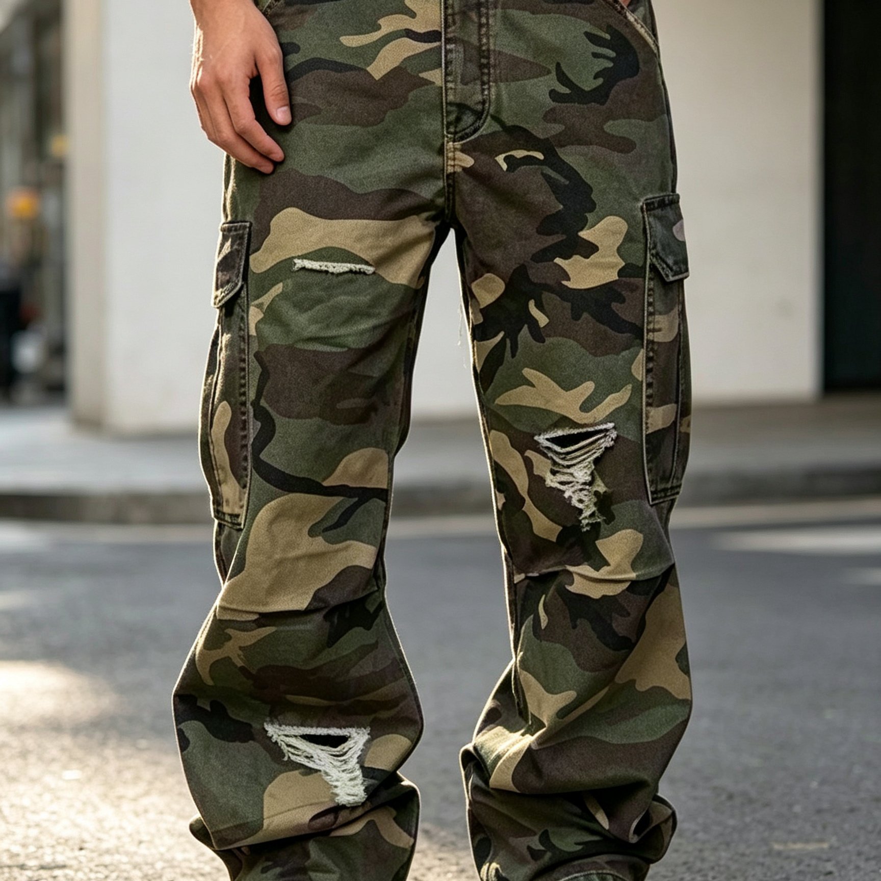 TEMU [allsro] Men's Camo Denim Pants With Camouflage Print & Ykk Zipper Closure - Straight Fit Loose Suitable For Streetwear, Outdoor,, Casual Wear -