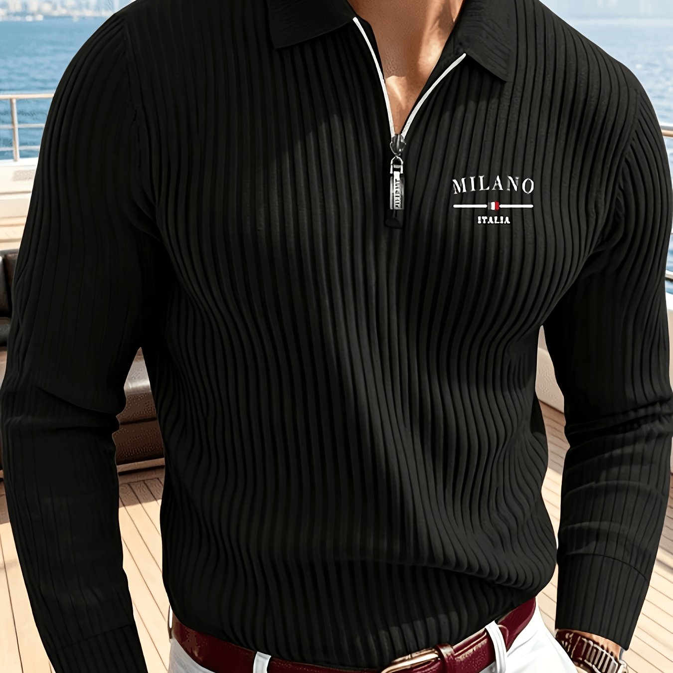 TEMU European And American Men's Lapel Knit Shirt With Half-zip Design, Letter Print, Slim Fit, Vertical Stripes, Long Sleeves