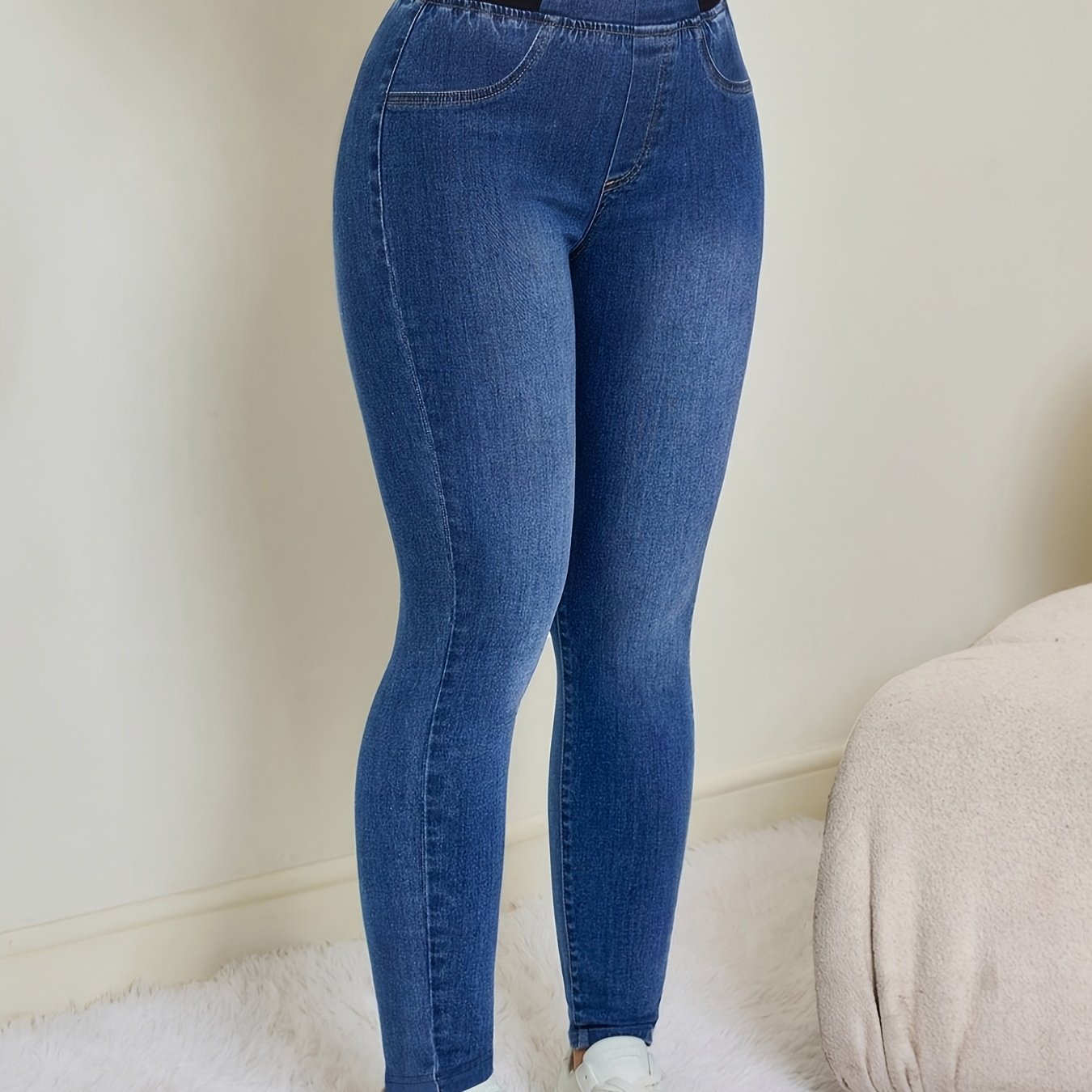 TEMU 프린트 팬츠 - 데님 원단 아님 프린트 레깅스 - 데님 원단 아님 여성용 인조 데님 레깅스, 사계절 스타일, 청바지 프린트 여성용 베이스 레이어 타이츠