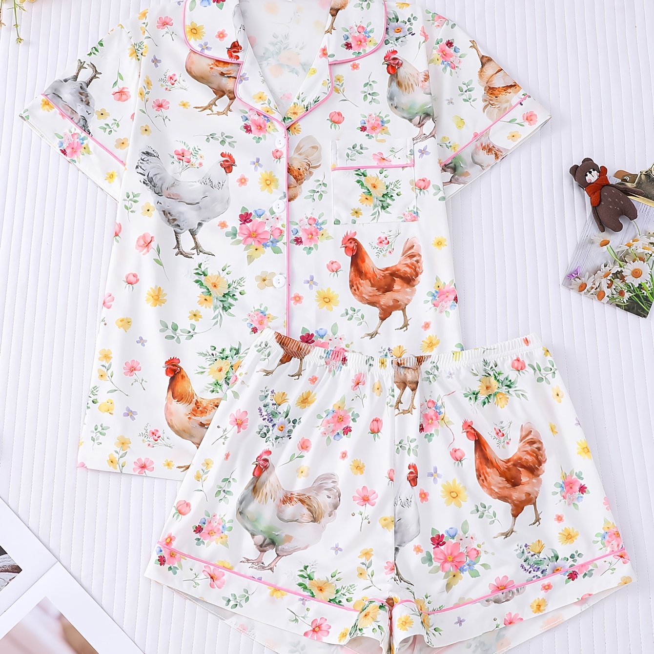 TEMU 2pcs Women's Pajama Set, Chicken Print, Short Sleeve Shirt With Collar And Buttons And Loose Elastic Shorts, Cute Fashionable Casual Wear