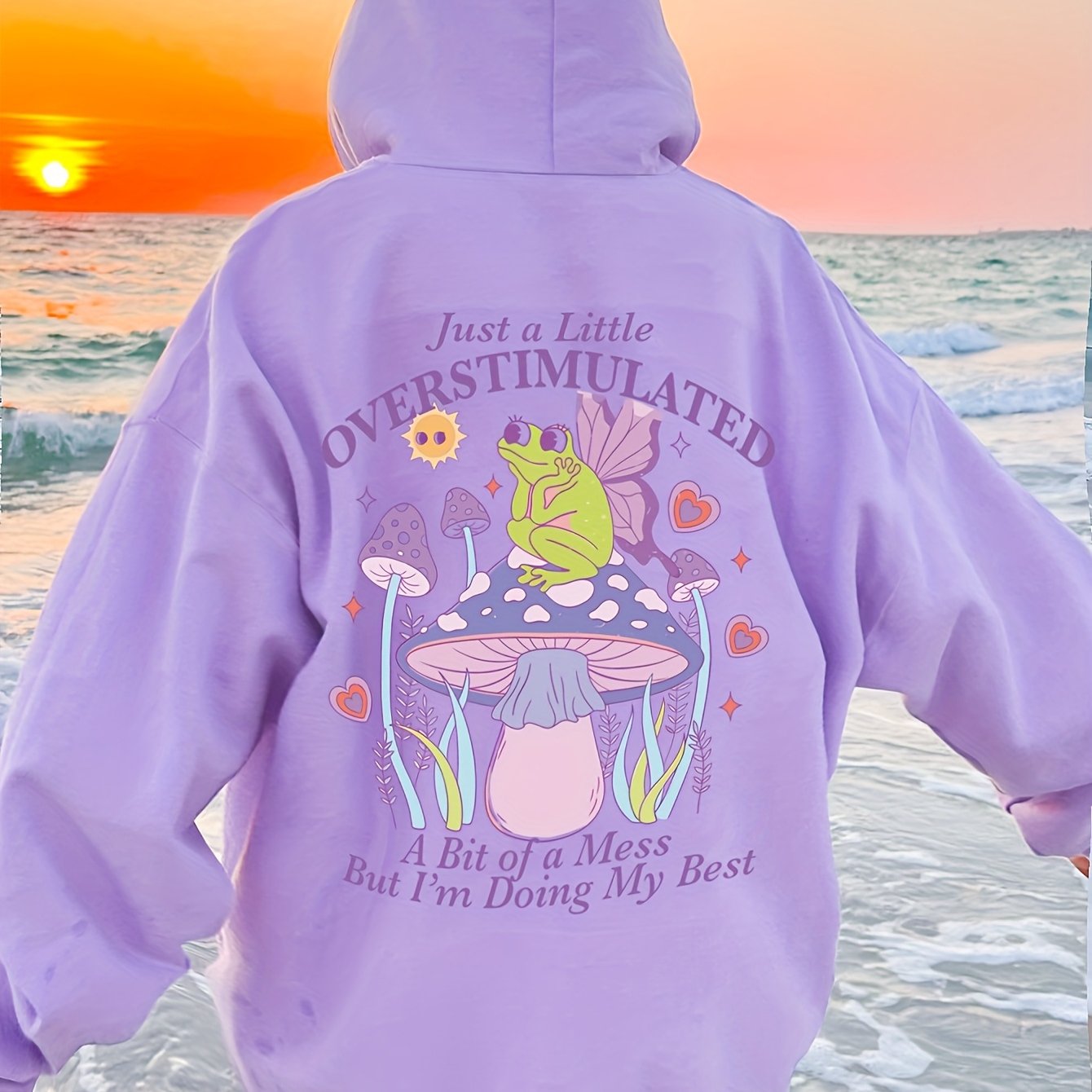 TEMU Women's Casual Graphic Hoodie With Bohemian Floral Mushroom & Frog Print, "overstimulated" Humorous Text, Beige Pullover Sweatshirt - Adjustable