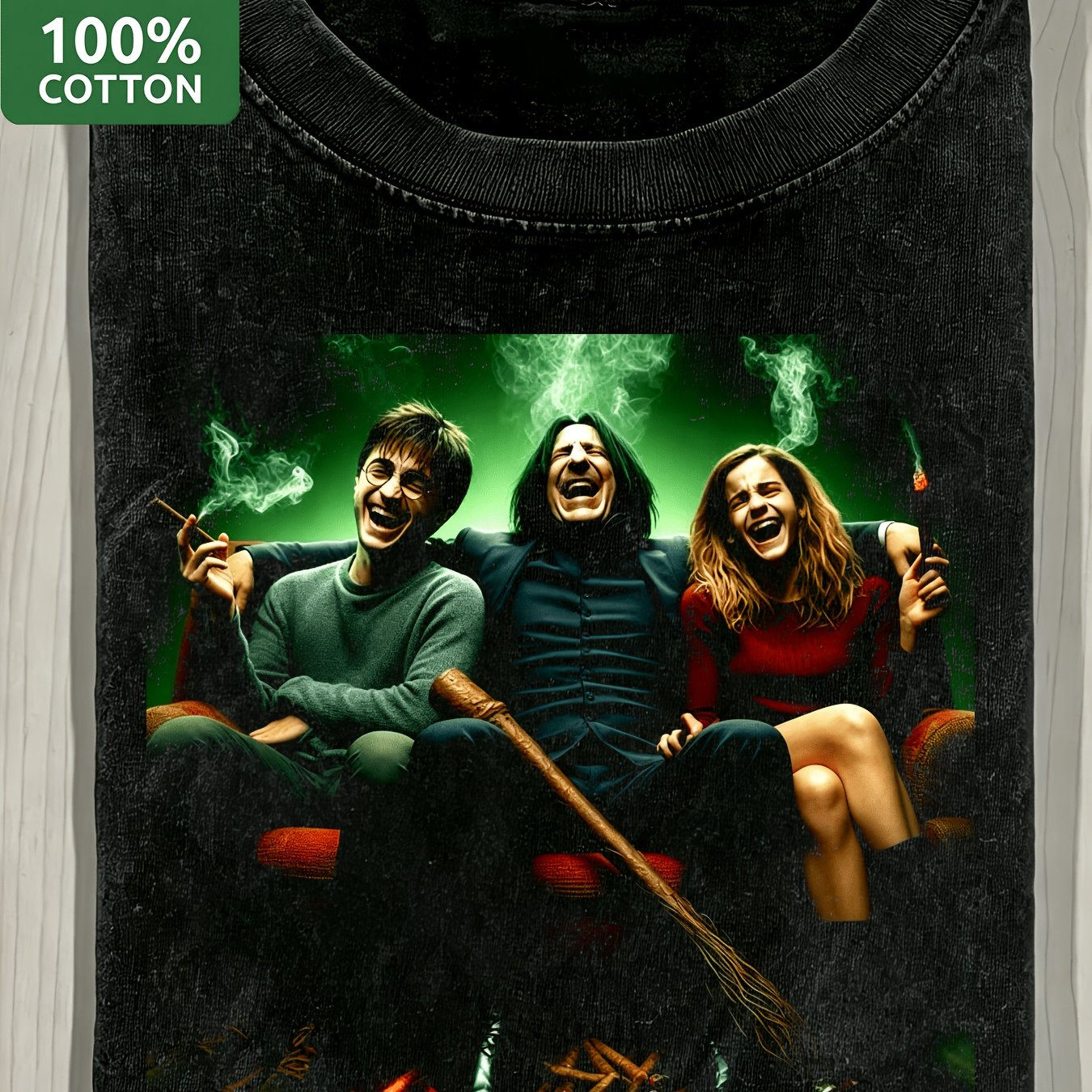 Image of Men's 270gsm Heavyweight Vintage Washed Harry Snape Hermione Couch Smoking Laugh Cotton Tee Green Smoke Wizard Party Parody Design Short Sleeve Fun Tee