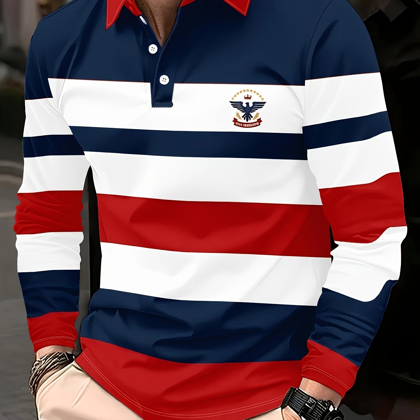 TEMU Men's Business Casual Collared Long Sleeve Shirt, Classic Contrast Wide Full Print, Chest Delicate Small Label Decor, Style, Trendy Casual Men's