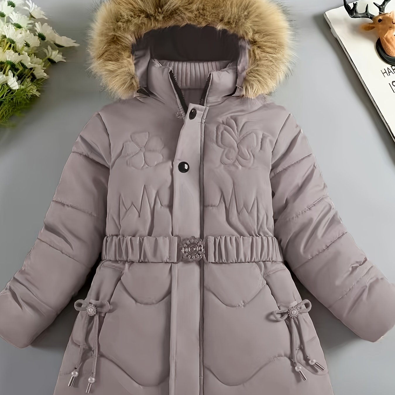 Girls' Jacket, Stylish Mid-length Fleece-lined Thickened Coat, Winter Waist-cinching Outerwear, Winter Wear
