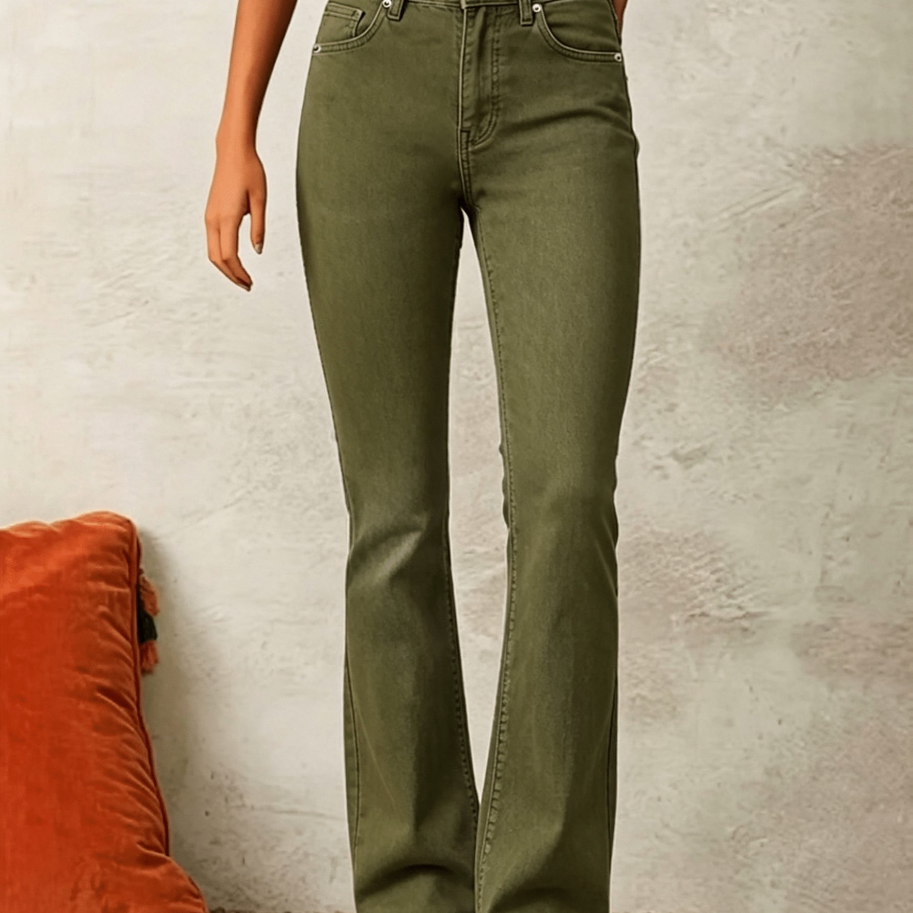 TEMU Women's High Waist Flare Jeans, Army Green Denim Pants, Casual Retro Trousers