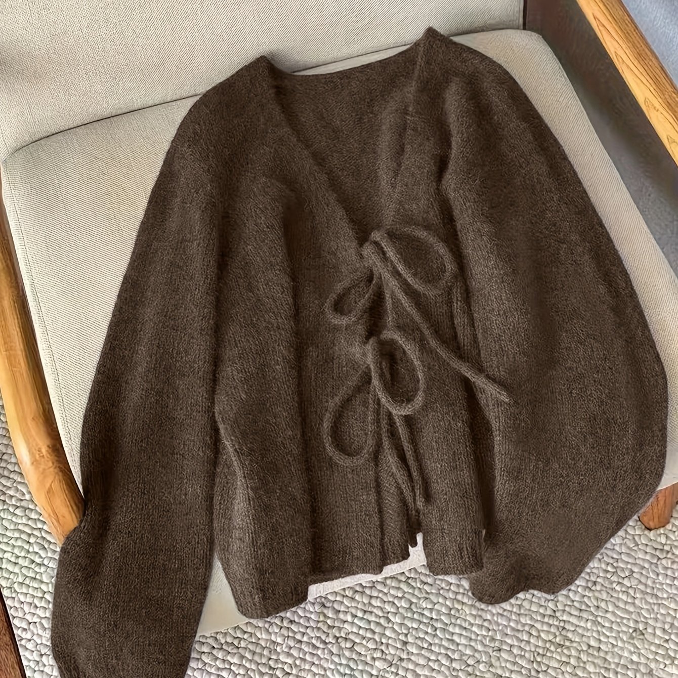E-shop Niedliches Rückenbindungs-Strickjacke, V-Ausschnitt Laternenärmel Damen Herbst Winter Uni-Farben Casual Elegante Strickjacke, Modische Schöne