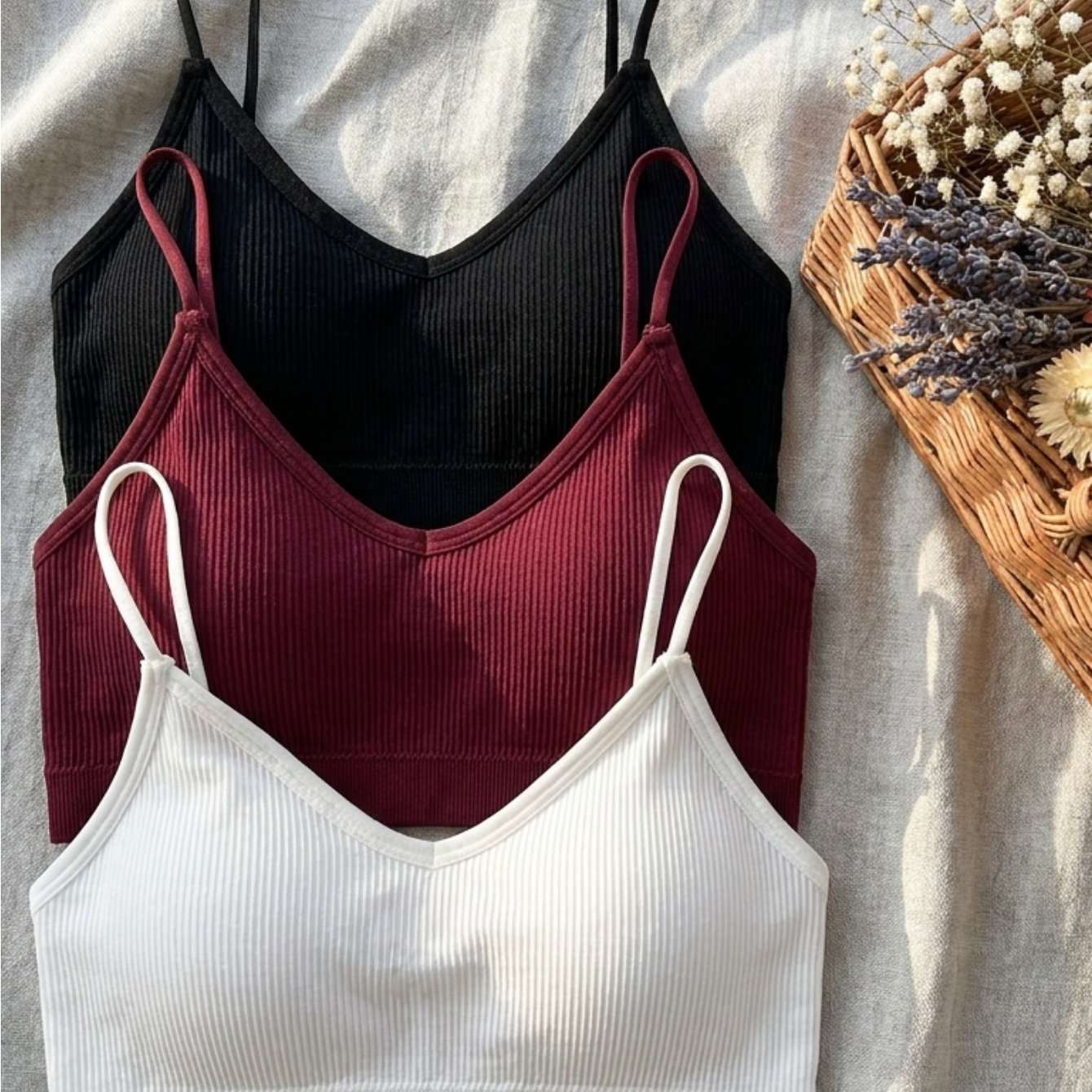 TEMU 3pcs Women's Breathable Outerwear Casual Bras, Red, White, Black, , Ribbed Design, Suitable For Daily Wear, Sports, And Yoga