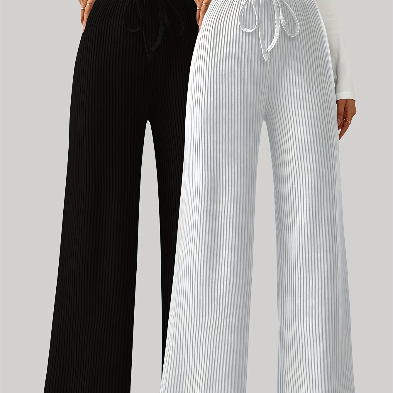 TEMU 2pcs Solid Easy Versatile Casual Elastic Waist Women's Long Pants Stretchy Loose Wide Leg Trousers