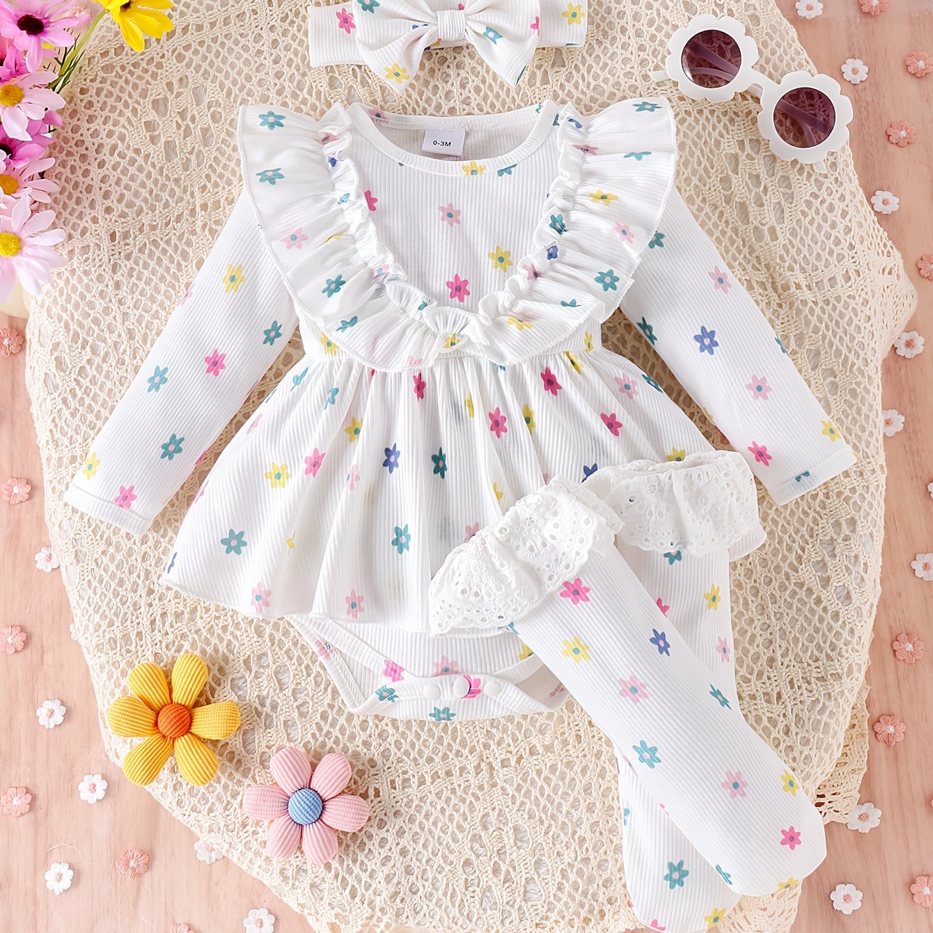 Image of Girl's Set: Infant And Toddler Floral Print Long-sleeve Romper With Lace-trimmed Socks And Headband, Perfect For Outdoor