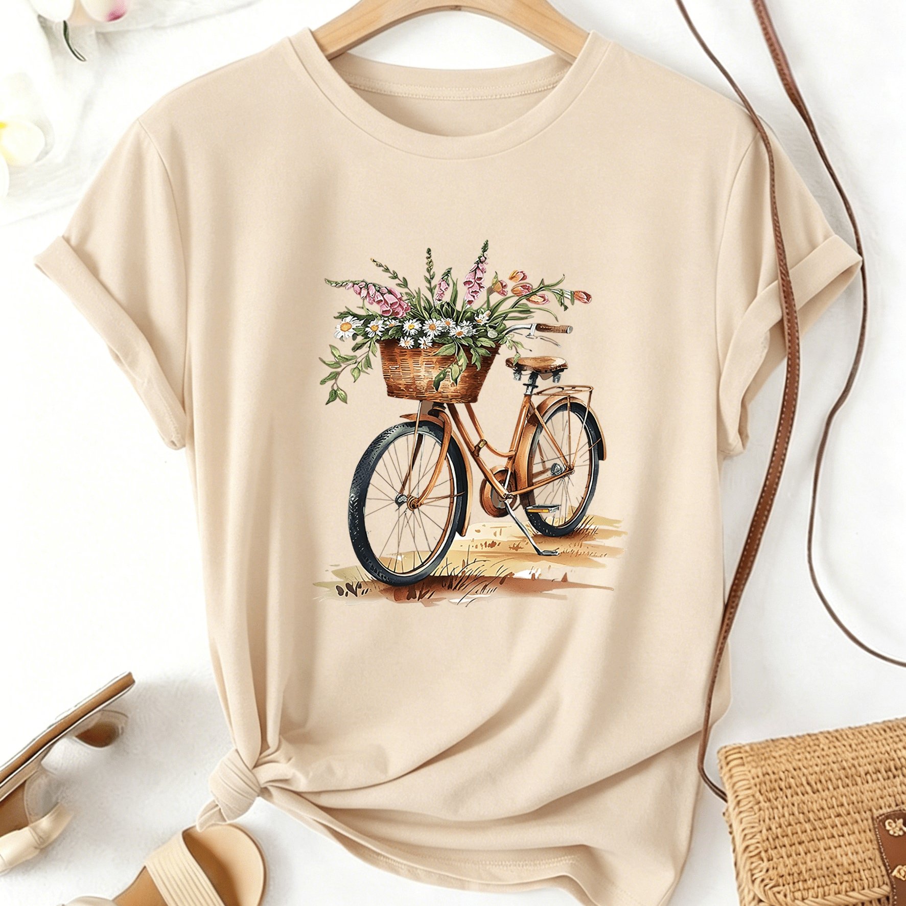 TEMU Women's Floral Bike Pattern Print Round Neck Short Sleeve T-shirt, Casual Athletic Fashion Tee, Suitable For Spring Summer Daily Outing, Soft