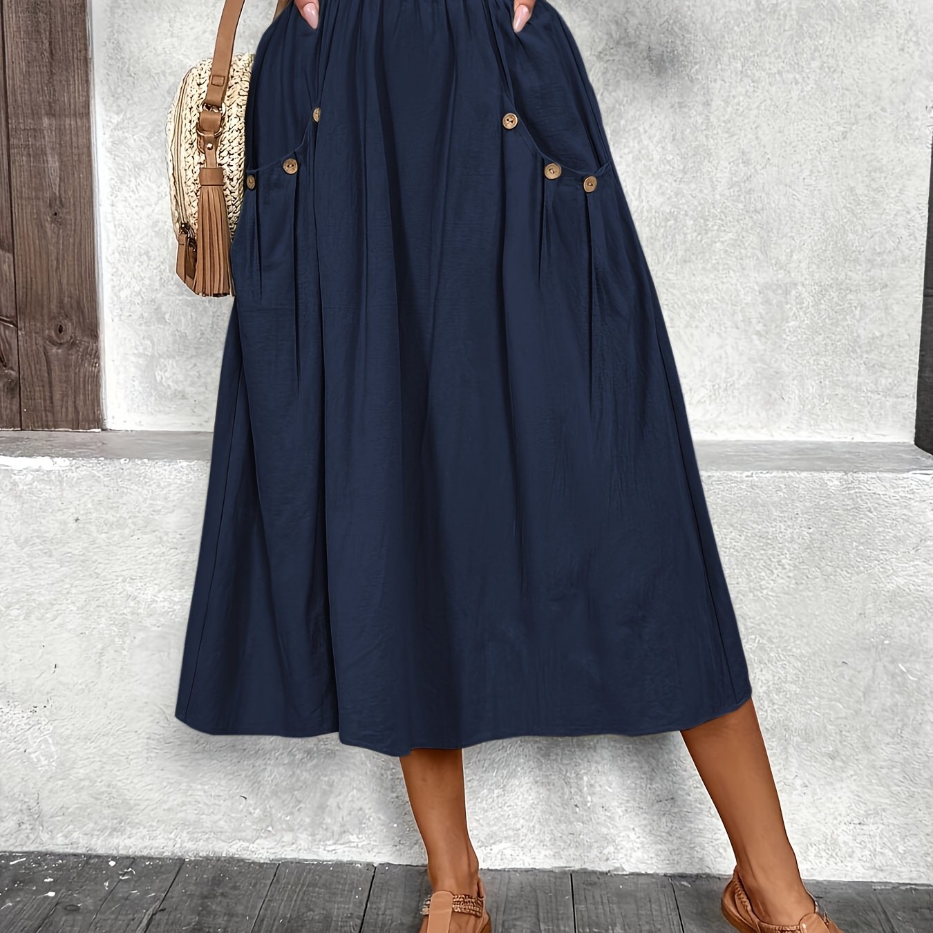 TEMU Summer Button Casual Midi Skirt, Solid Color, With Pockets And Pleated Hem