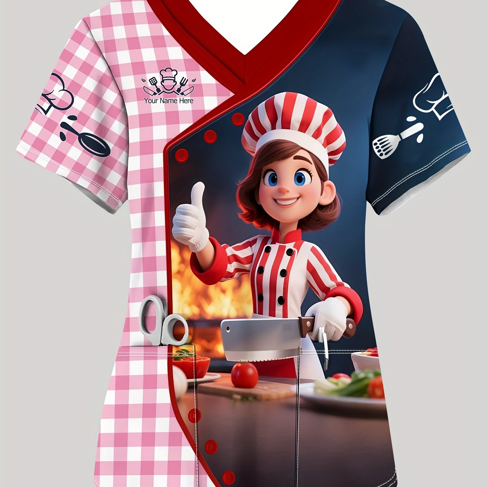 TEMU T-Shirt Femme Chef Personnalisé avec Nom, Service de Personnalisation, T-Shirt V-Neck Élégant et Décontracté pour Passionnées de Cuisine, Design