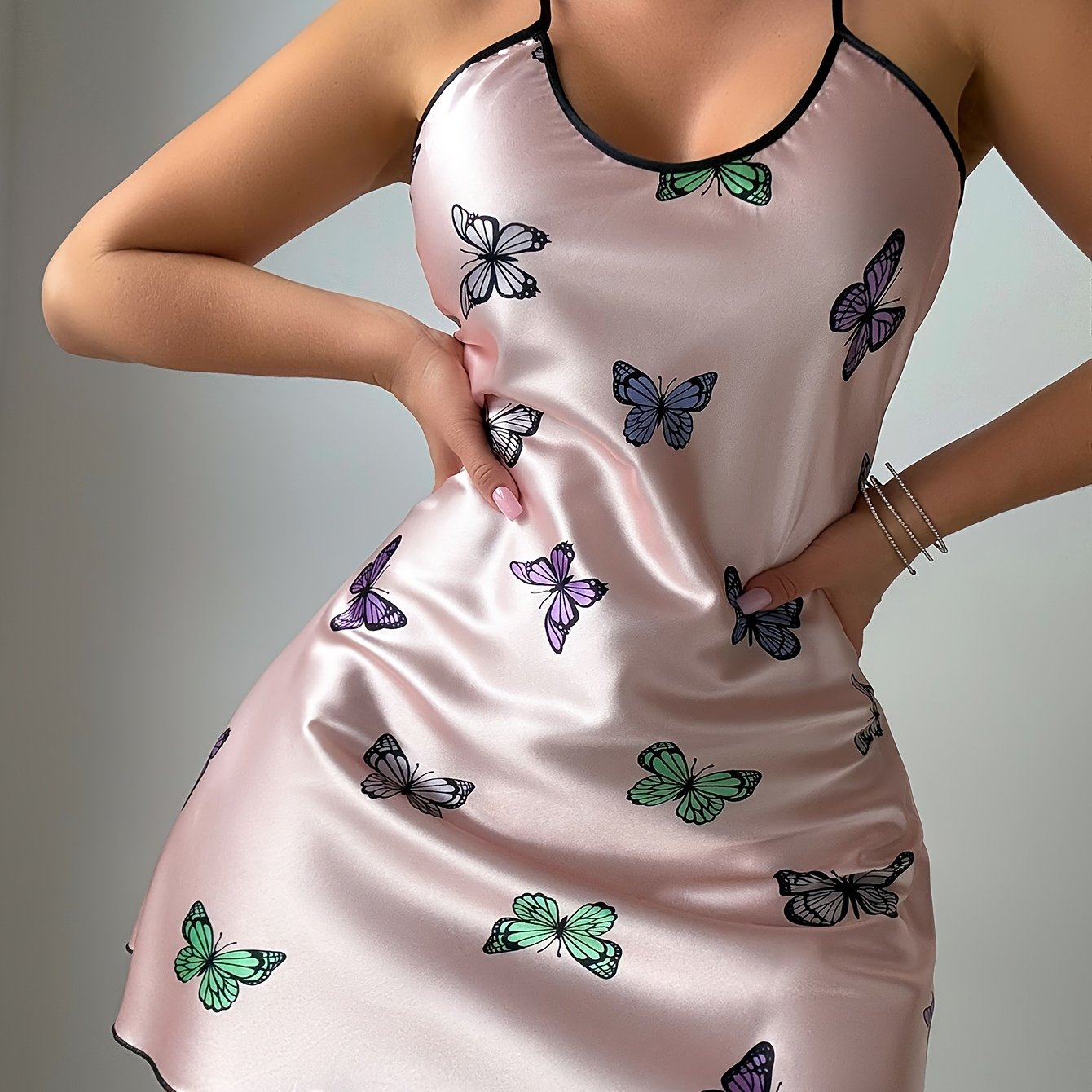 Image of Women's Sexy Print Slip Dress, Polyester 100 Neck, 90g/m² Woven Fabric, Fashionable Pink Nightgown For Adults
