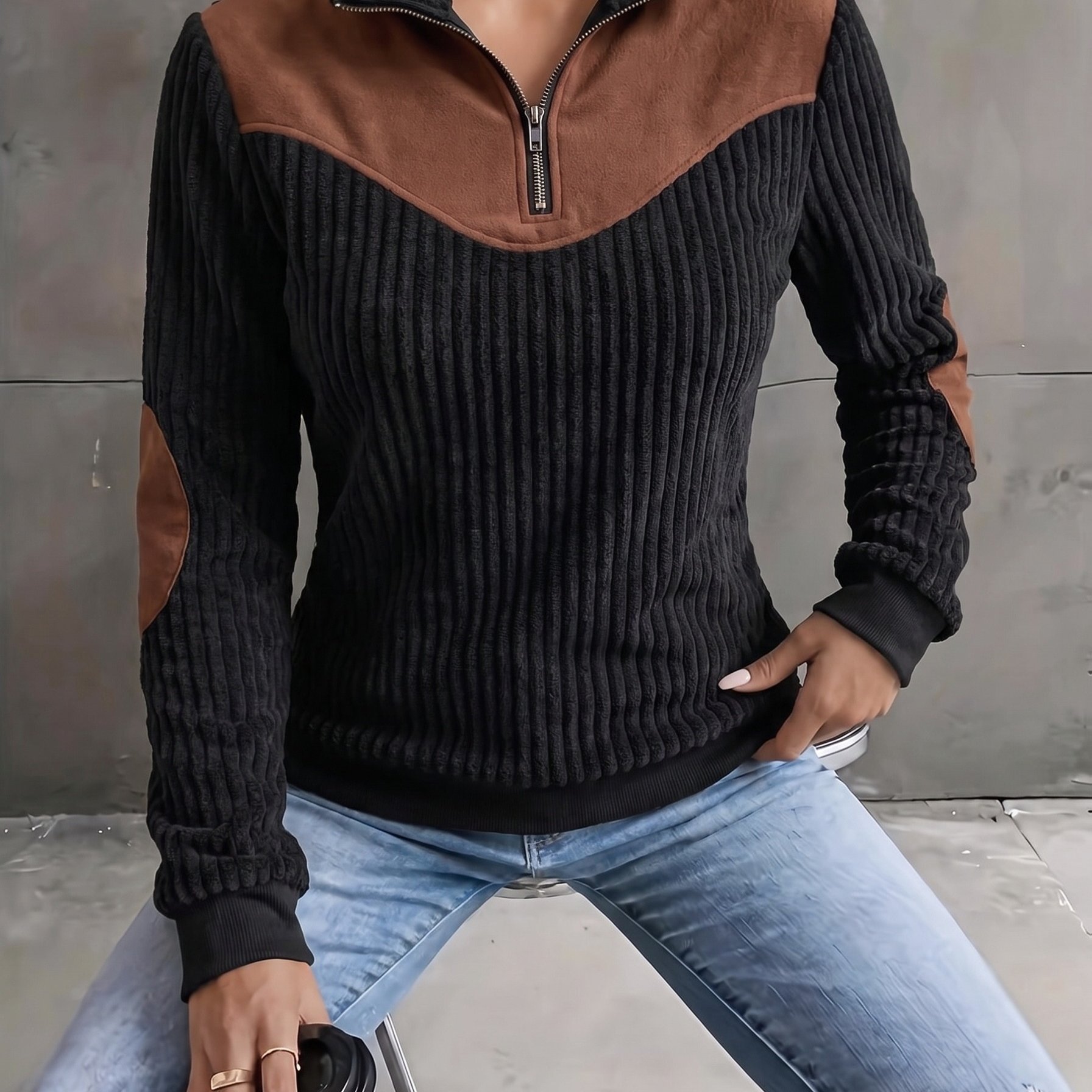 TEMU Women's Casual Solid Color German Velvet Stand Collar Sweatshirt, 100% Polyester Fiber, Durable And Wear-resistant, Stylish And Versatile, For