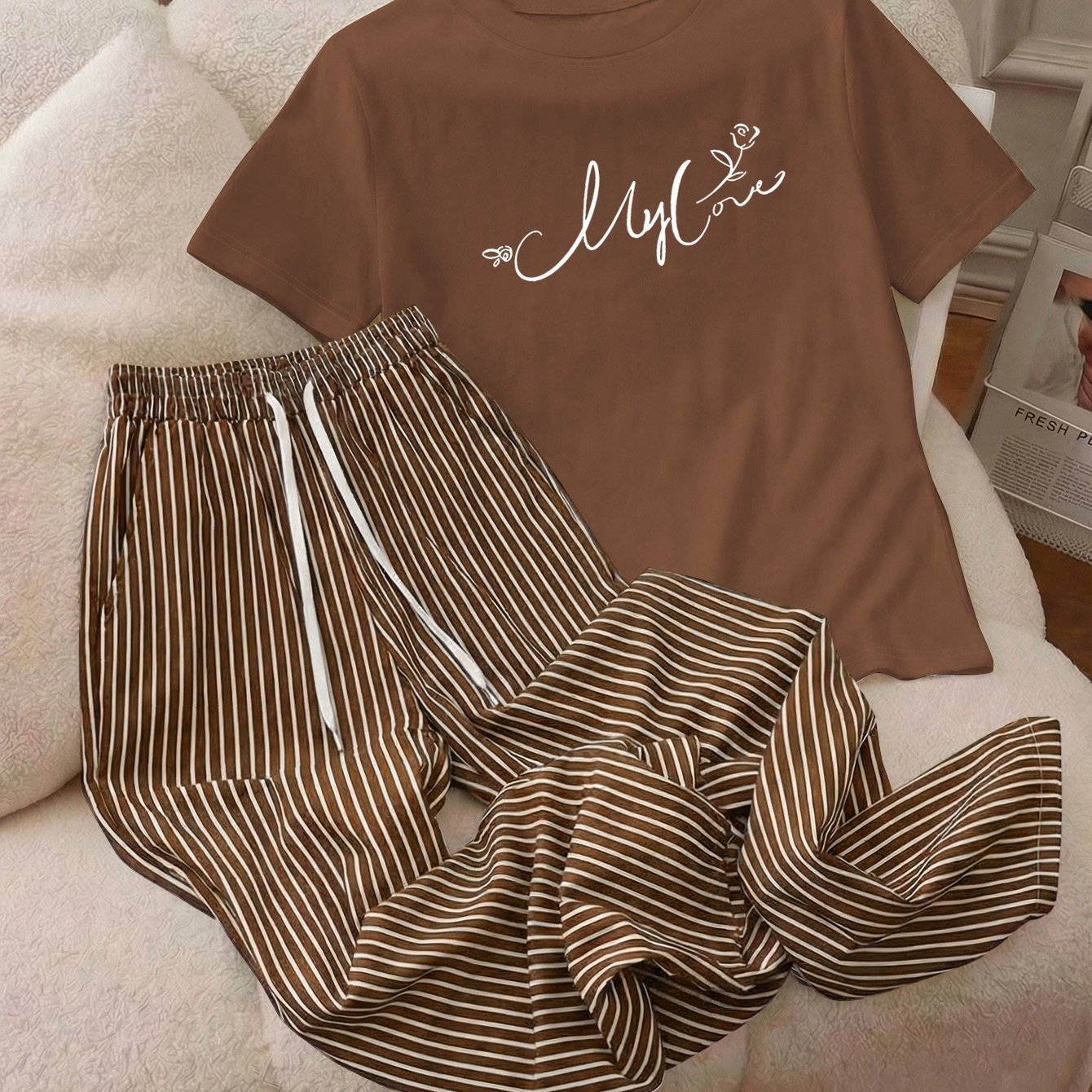 TEMU Women's Oversize Short-sleeve T-shirt Brown And White Striped Pants Set Two-piece Suit, Women's Summer Casual Round Neck Oversize Short-sleeve