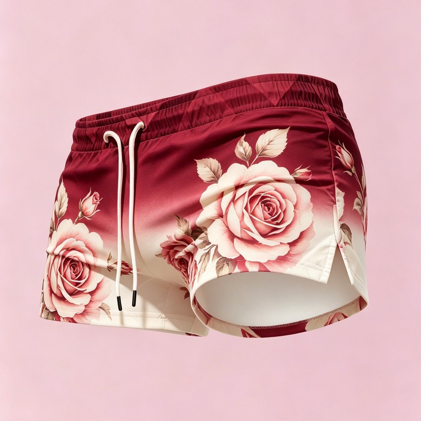 Image of New Arrival Men's Drawstring Swim Shorts With Burgundy Rose Gradient Print, Special Fabric, Summer Comfortable& Cool, Versatile Fashionable, Stylish Design, Vacation Vibe, Casual Swimwear