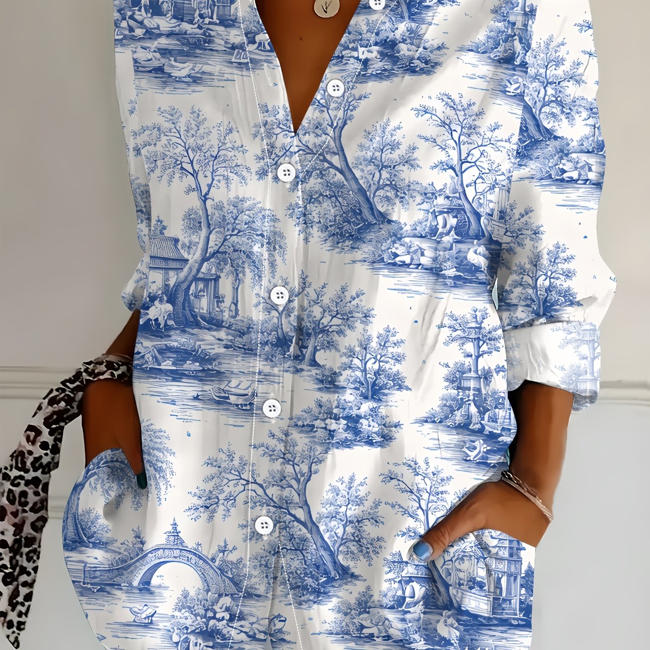 TEMU Chemise à manches longues grande taille pour femmes, chemise imprimée style rétro avec de paysage chinois, chemise à manches longues mi-longue