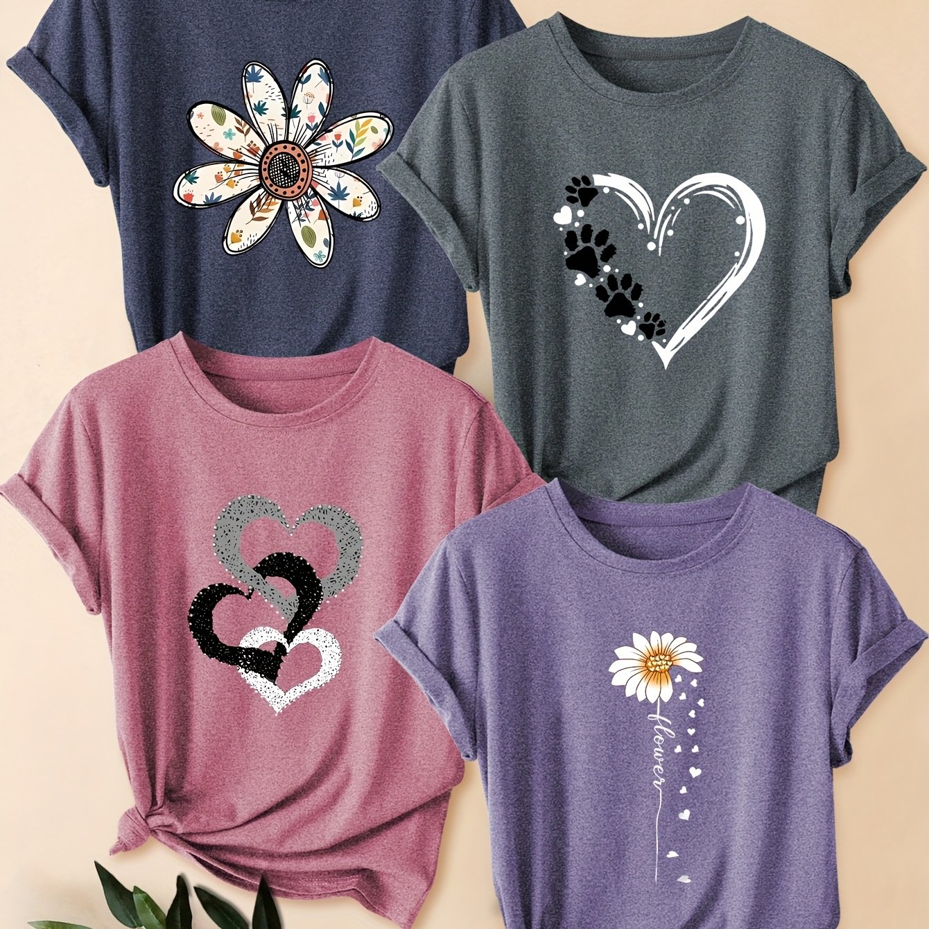 TEMU Lot de 4 T-shirts à manches courtes pour femme à motif floral de cœurs avec découpes de cœurs superposées, imprimé chrysanthème et col rond.