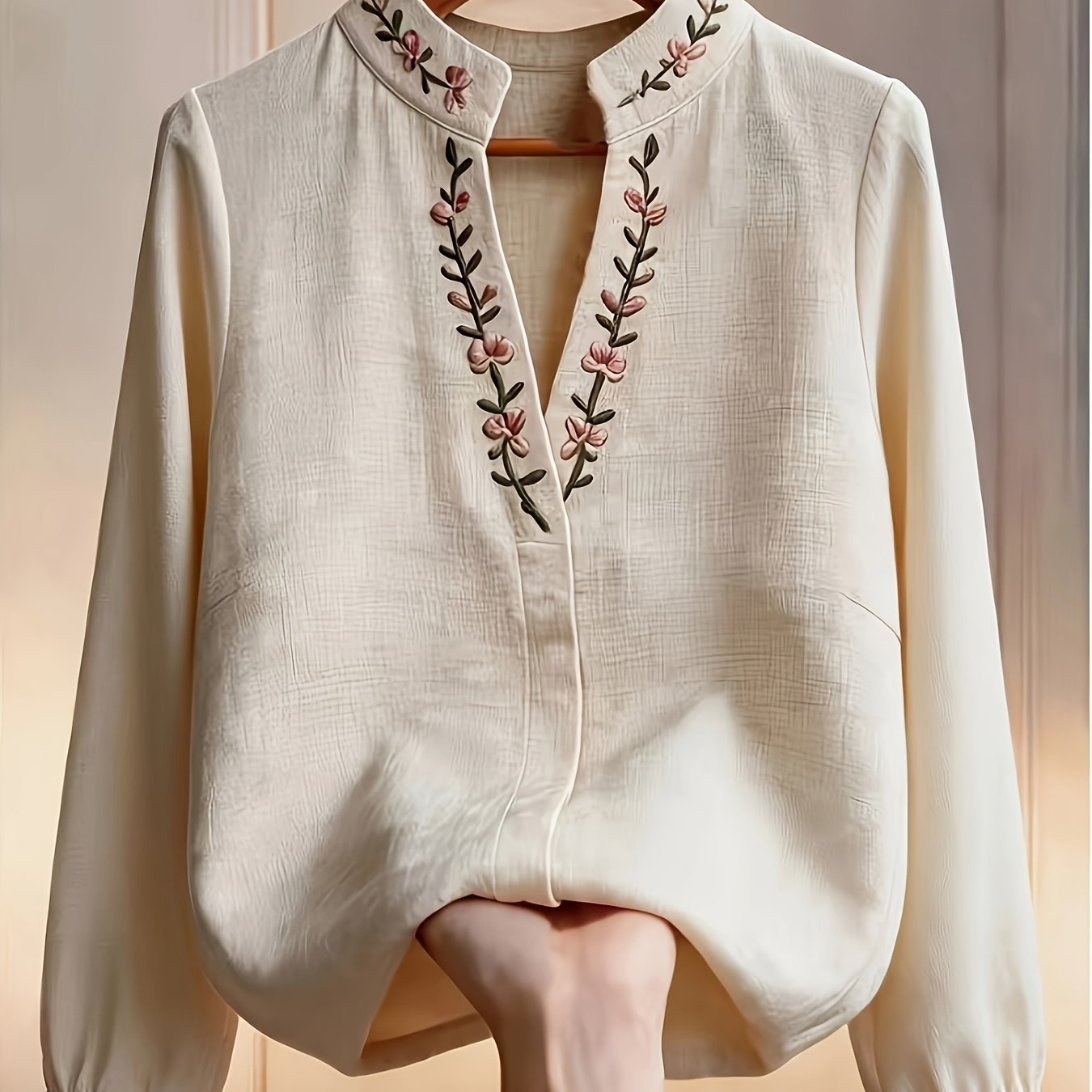 TEMU Blusa de mujer de larga con cuello y bordado floral, top bordado, elegante de y otoño, ropa de oficina y para desplazamientos, blusa bonita,