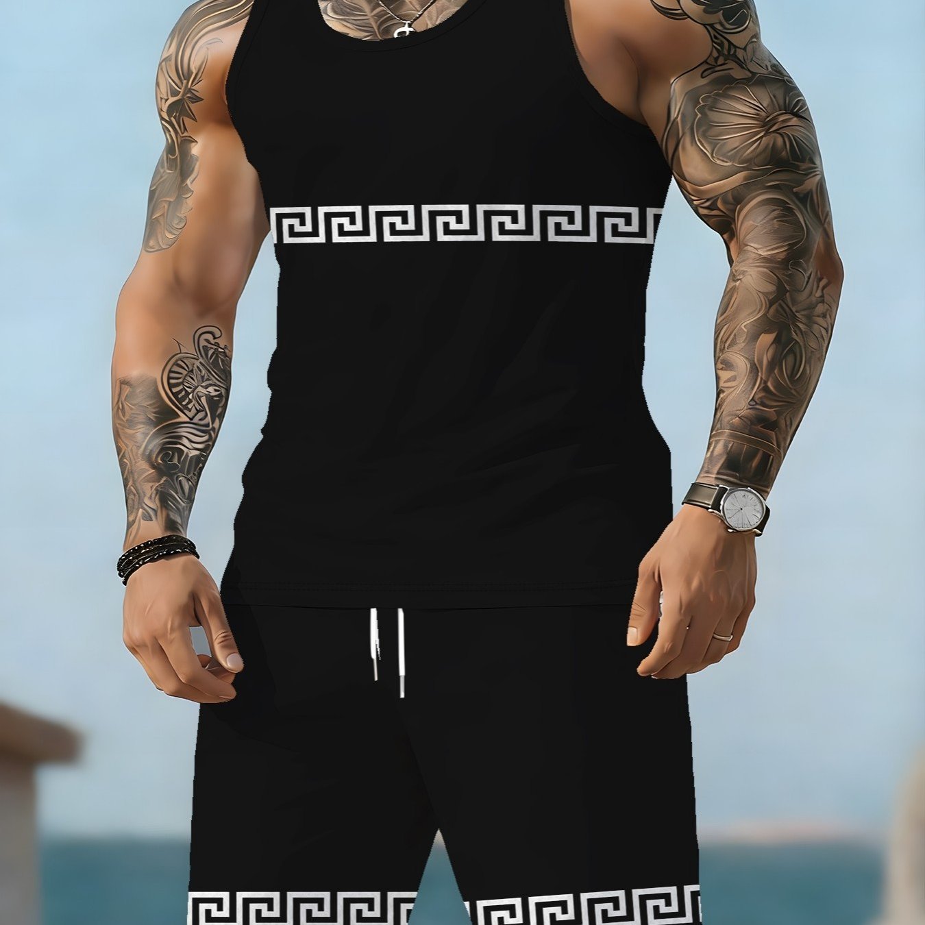 TEMU Men's Casual 3d Printed 2pcs Set: Casual Tank Top   Drawstring Athletic Shorts, Summer Outdoor Leisure Men's Vest Set