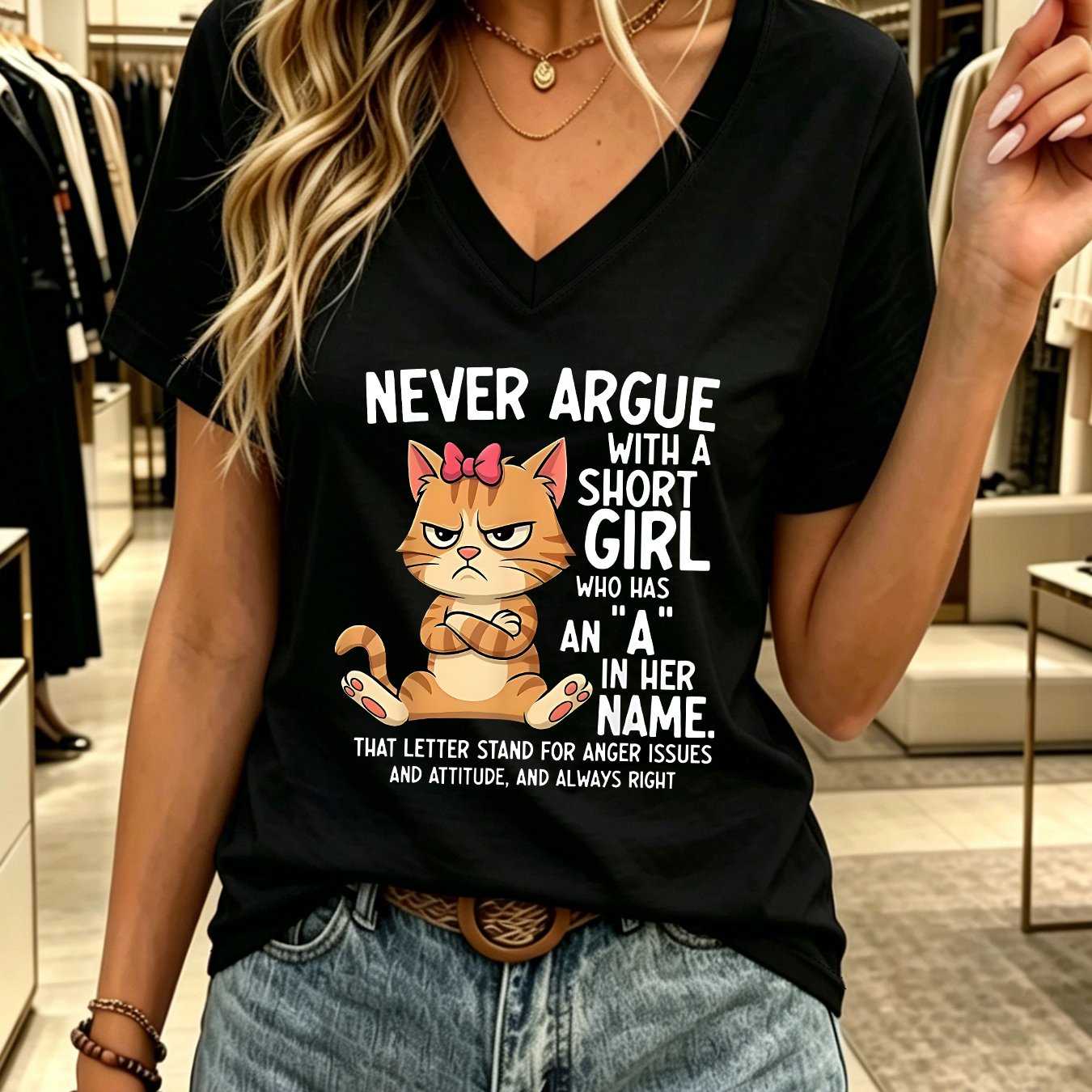 TEMU Short Sleeve Tshirt For Women Cartoon Cat Humorous Quote Never Argue With A Short Who Has An A In That Letter Stands For And Attitude And Right