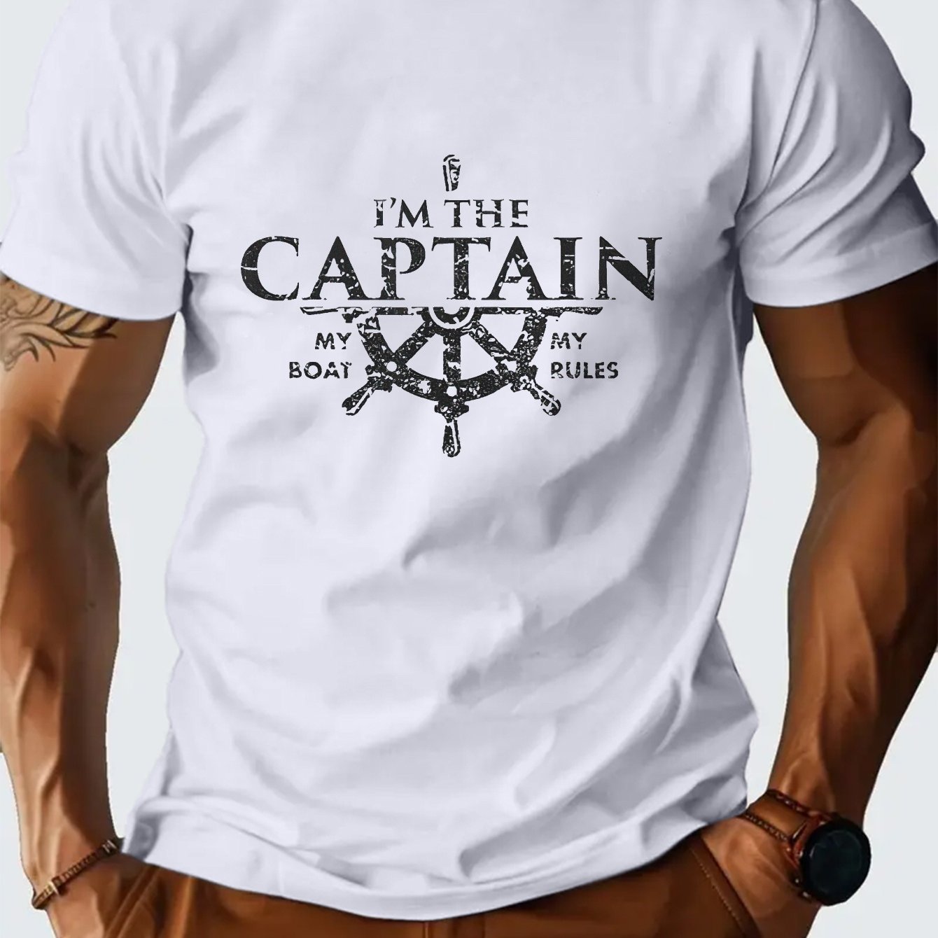 TEMU Men's "i'm The Captain" Nautical Anchor Pattern T-shirt - Maritime Crew Neck Top, Breathable Fabric, Ideal For Beach, Boating, Casual Attire -