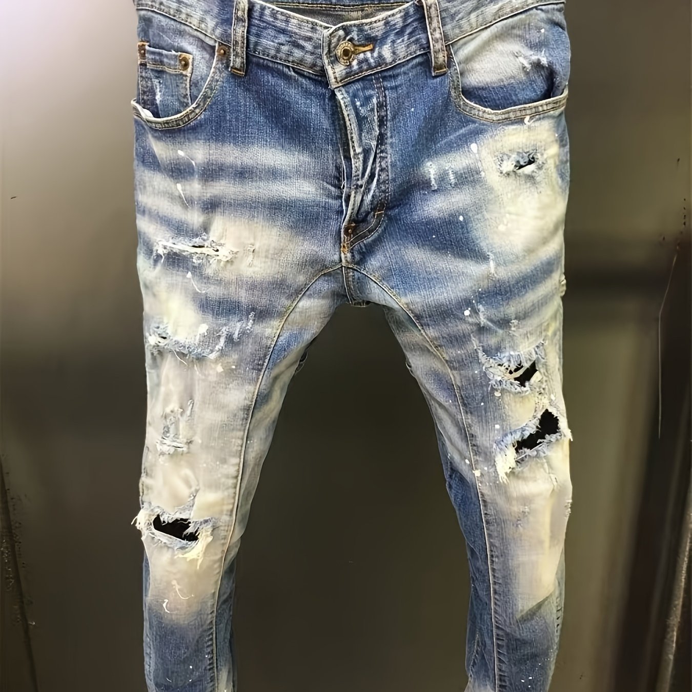 Image of [hme] Premium Ripped Men's Jeans Stretchy Slim Straight Fit With Elastic Cuffs, Heavy Wash Tie-dye, Rips. Must-have For Hip-hop Style.