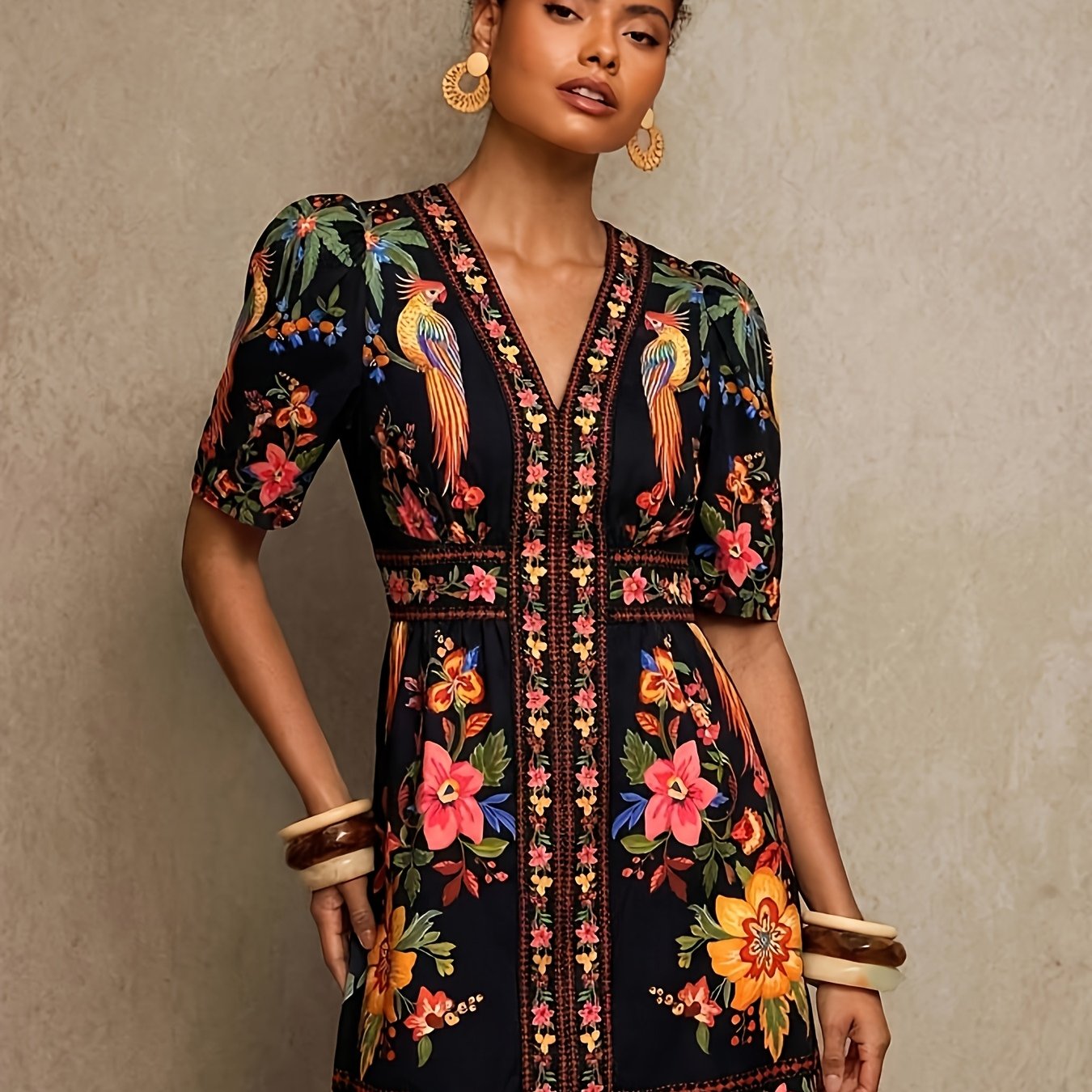TEMU Spring/ Dress - Suitable For Holidays, Dates, Afternoon Tea, Vacations, Music Festivals, And Bohemian-style Festival Parties - Floral Print