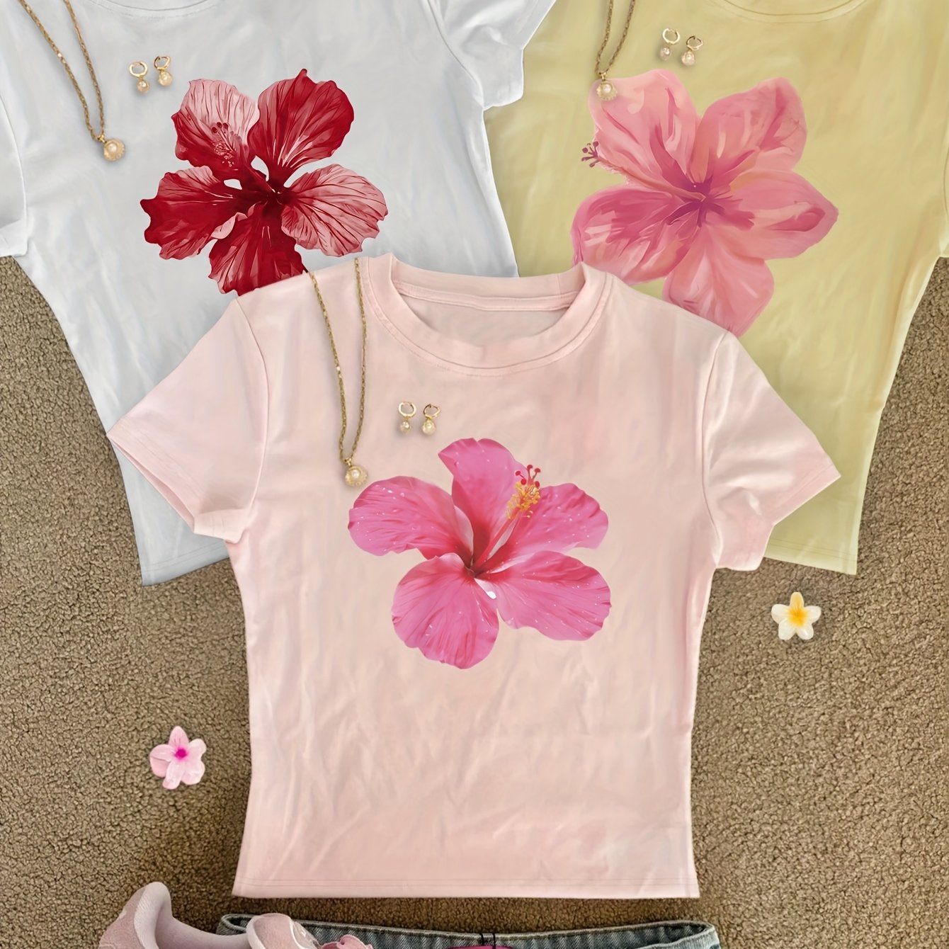 TEMU 00008 - -piece Set Of Women's Fitted Tops Featuring A Stylish And Beautiful Floral Print, A Pure And Desirable Korean Y2k Summer Round-neck