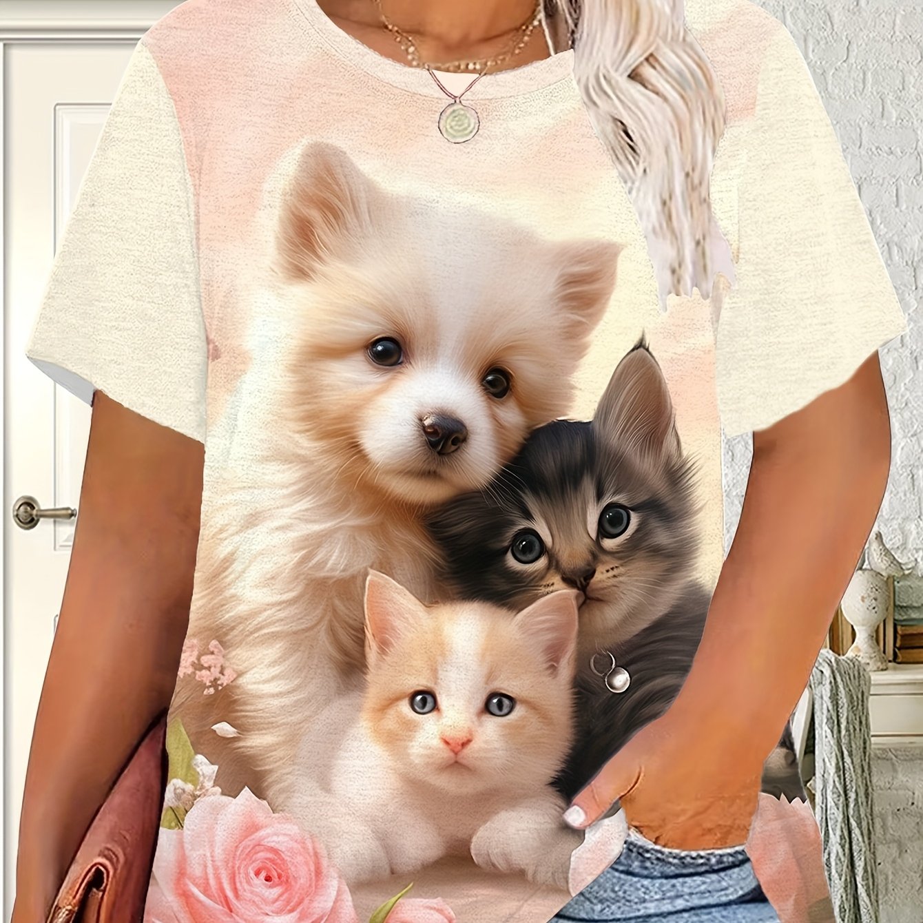 TEMU Plus Size - [printed Design - Not Textured / 2d Printing] Cute Kitten And Puppy Companion Print, Pink Rose Background Pattern Top, Warm And