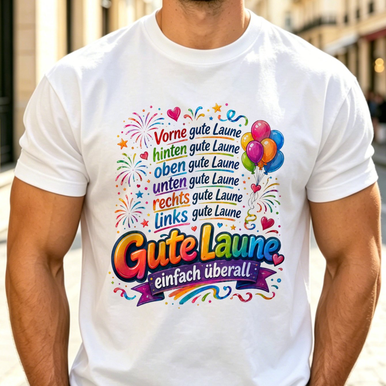 Easy Everywhere Celebration Graphic T-shirt German Text With Fireworks Balloons Hearts And Rainbow Tee Men's Printed T-shirt