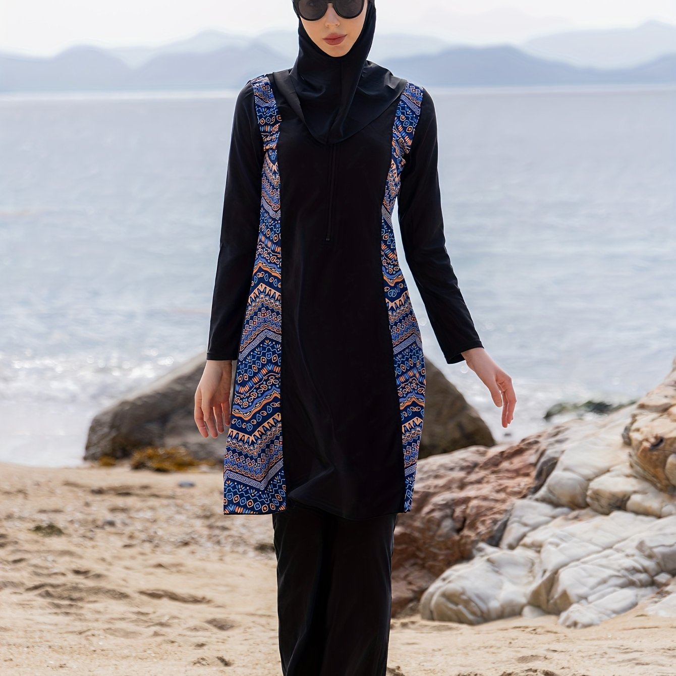 E-shop Mittelöstlicher muslimischer Ramadan Damen Langarm Lange Hosen Separates 3-teiliges Set mit Hut Ethnische Muster Konservativer Burkini