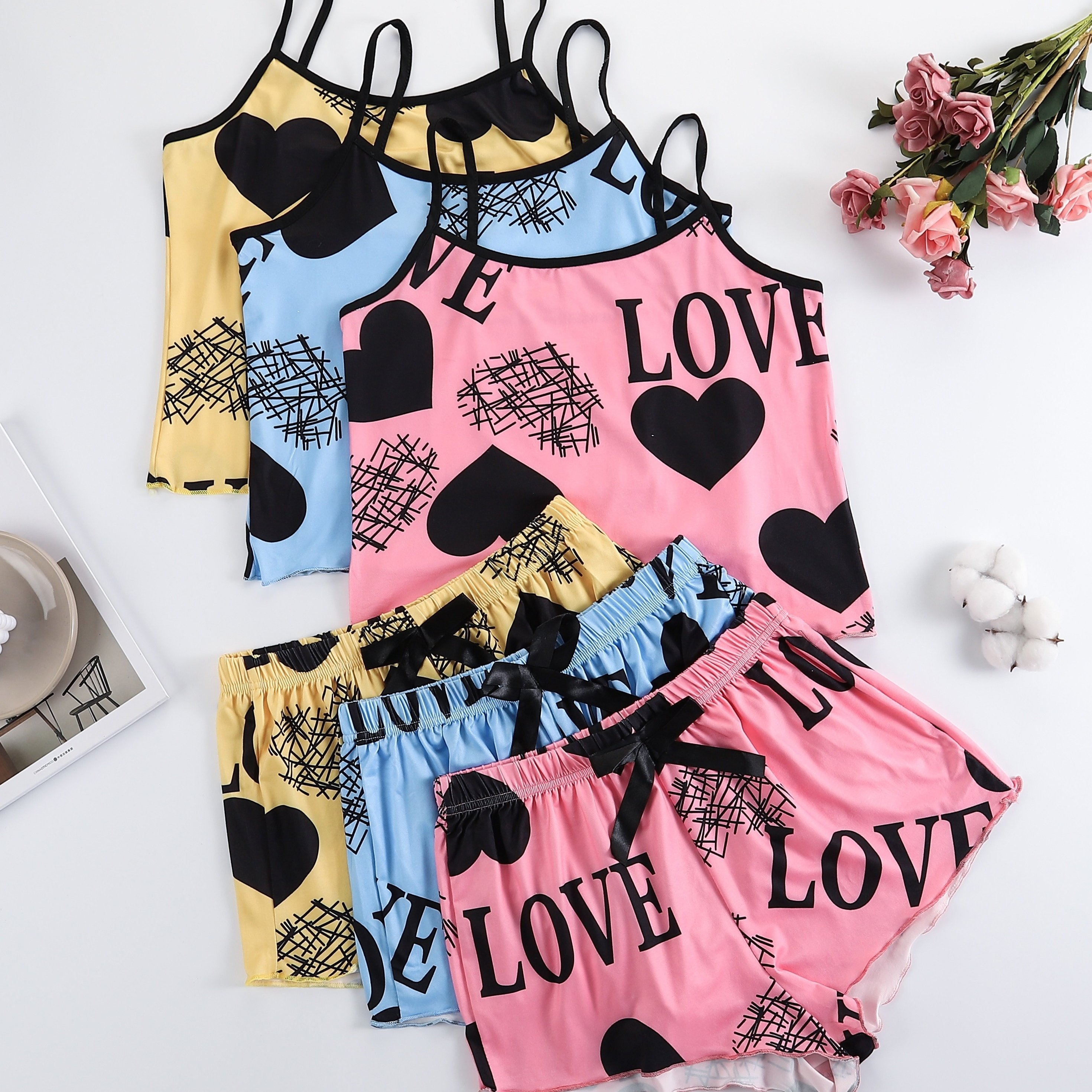 3pcs Heart Letter Suspender Shorts Set