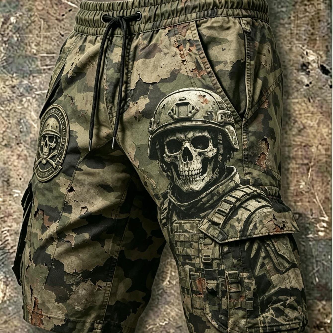 Men's Retro Military Skull Digital Printed Tooling Shorts, Spring And Summer Loose Casual Outdoor