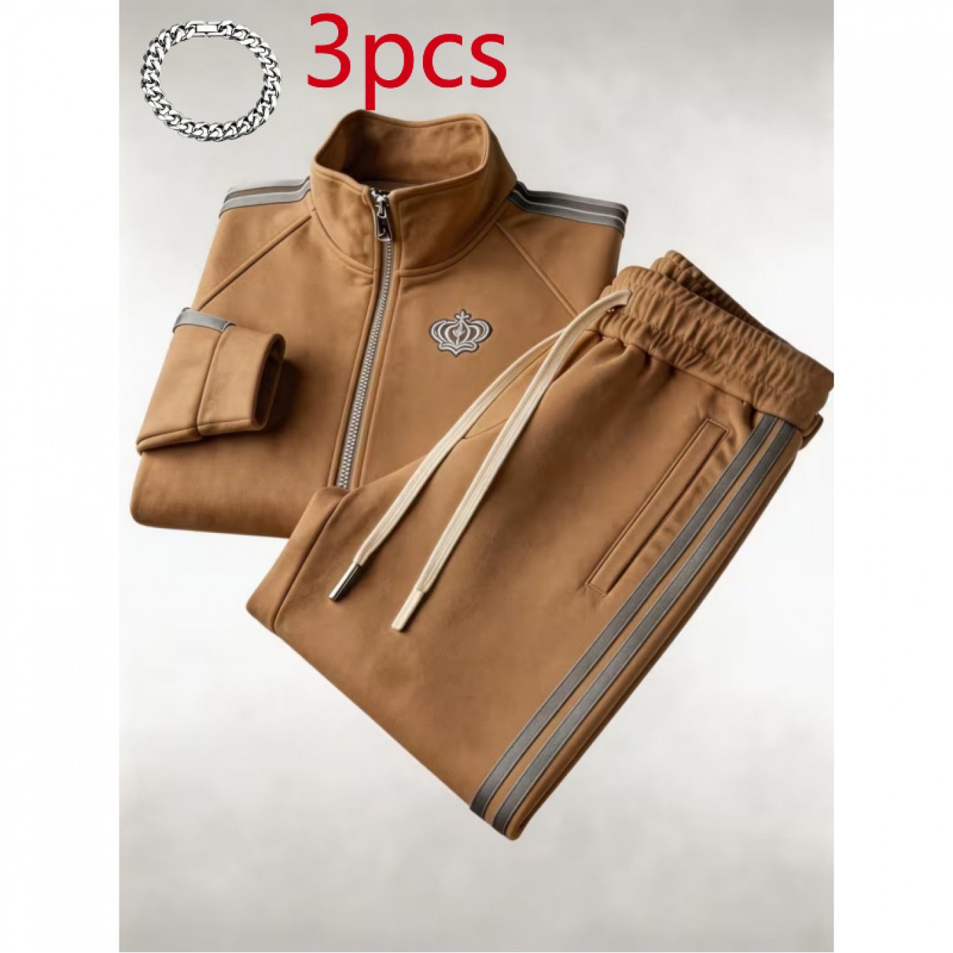 Image of [printed Design- Not Textured] Men's 3pcs Set Track Jacket Pants With Striped Details Casual Sporty Street Style Outfits For Adults Men Fall Winter Casual Wear Complimentary Bracelet