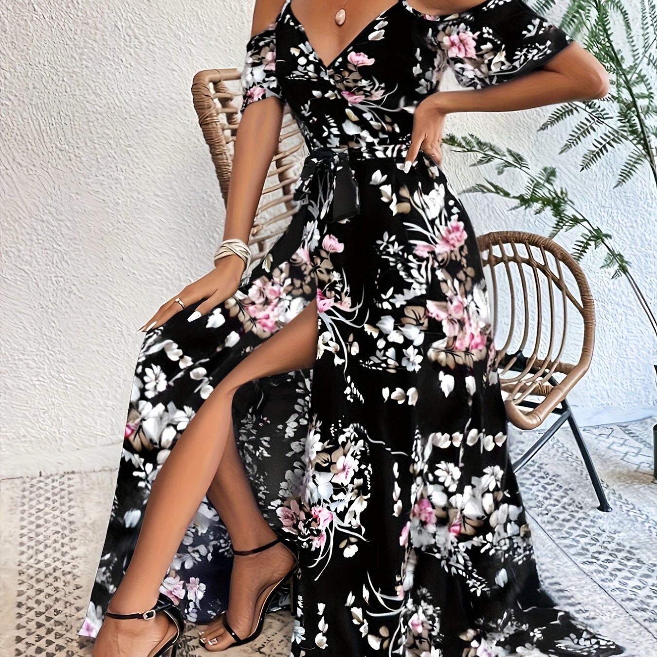 Image of Summer Floral Print Off-shoulder Camisole V-neck Waist Tie Elegant Style Women's Long Dress With Slit Yt