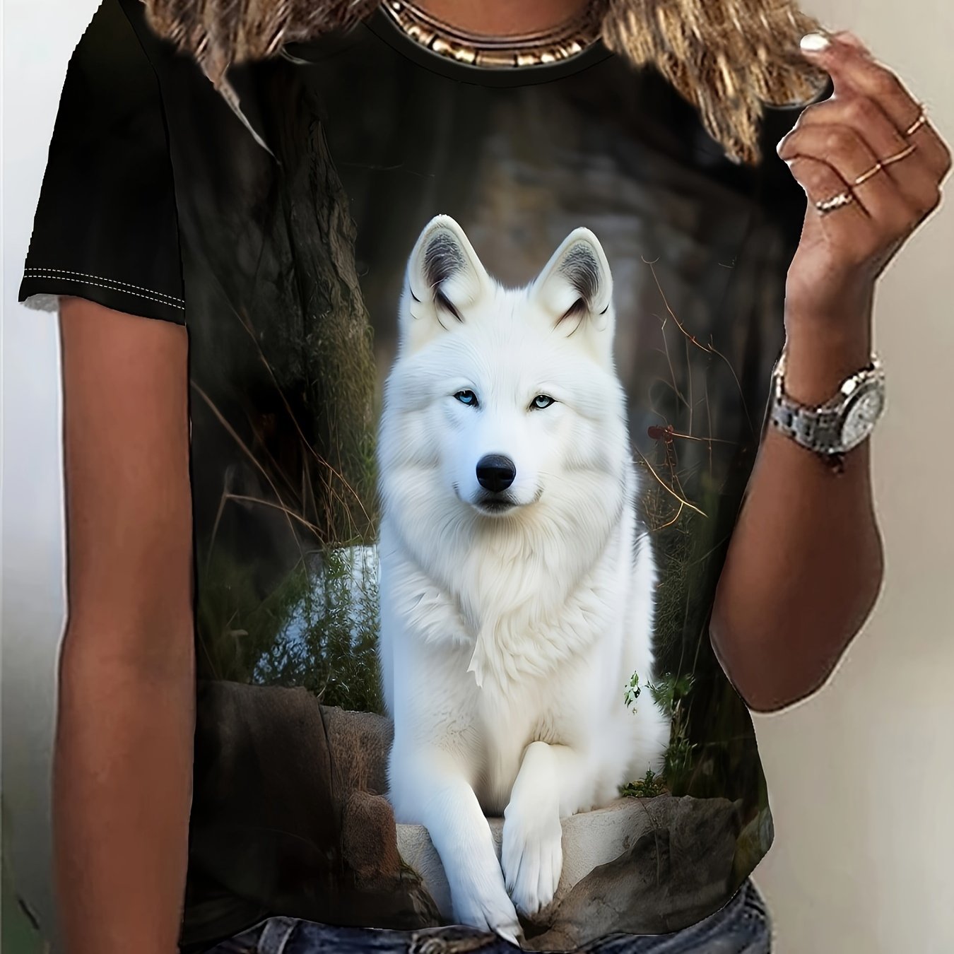 Dog Print T-shirt, Short Sleeve Crew Neck T-shirt For , Women's Clothing