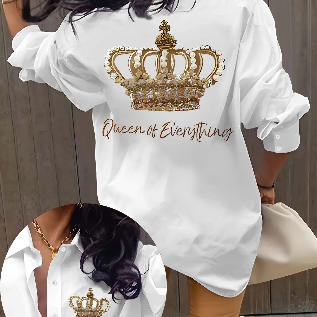 TEMU Women's Elegant Crown & Queen Of Everything Print Long Sleeve Blouse - With Golden Lettering, Background, Round Neck Casual To Party Wear,