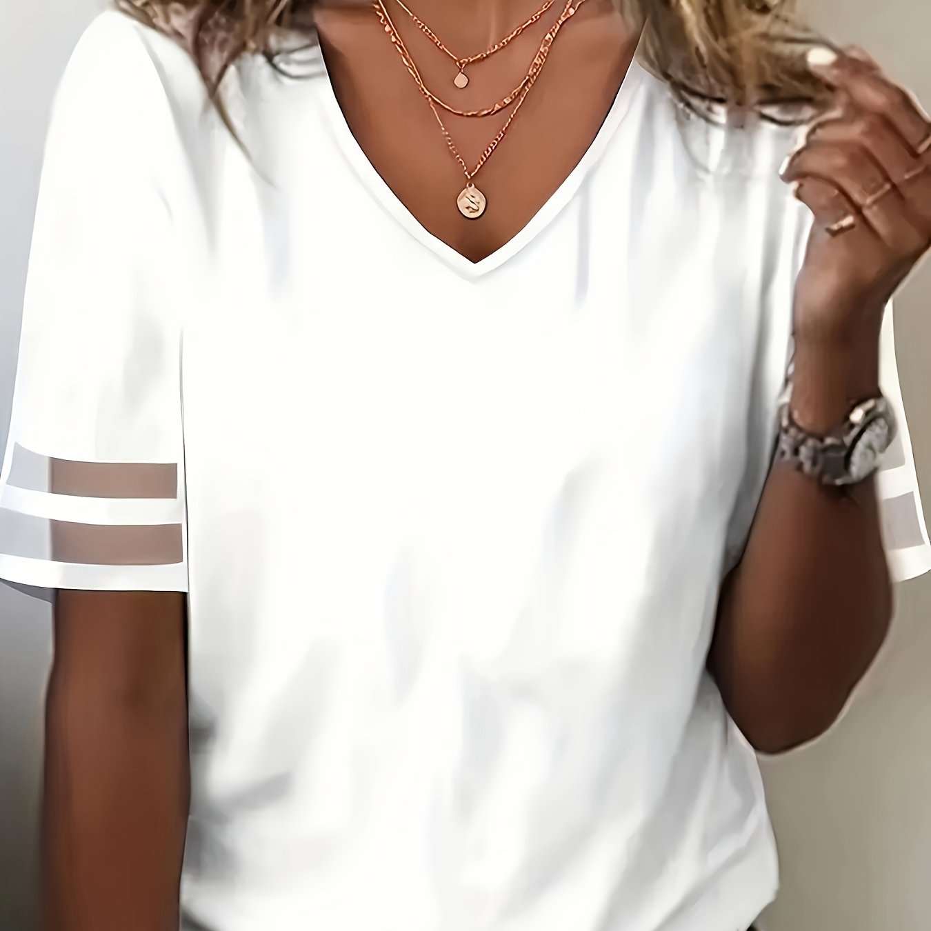 Summer -neck Solid Color T-shirt With Mesh Panel Top