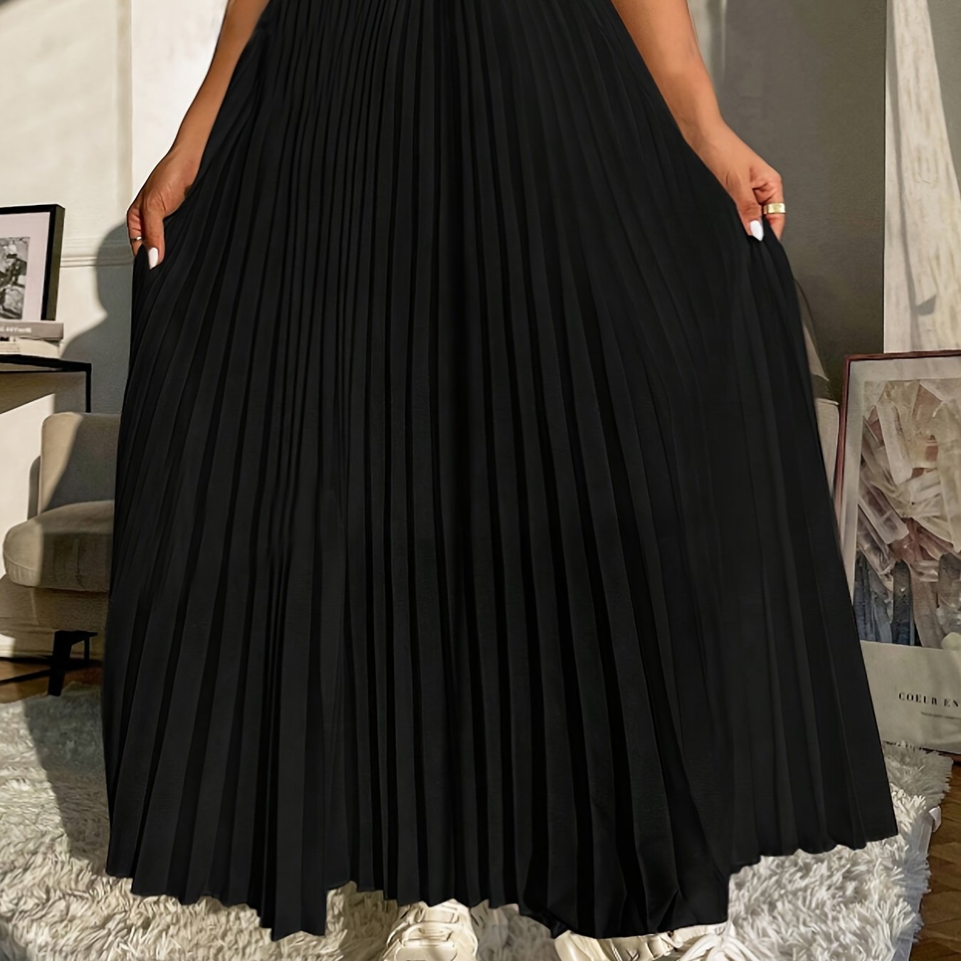 Image of Women's Elastic High-waist Pleated Skirt, Gathered Flared Dress, Fashionable Elegant Ball Gown, Party Long Dress