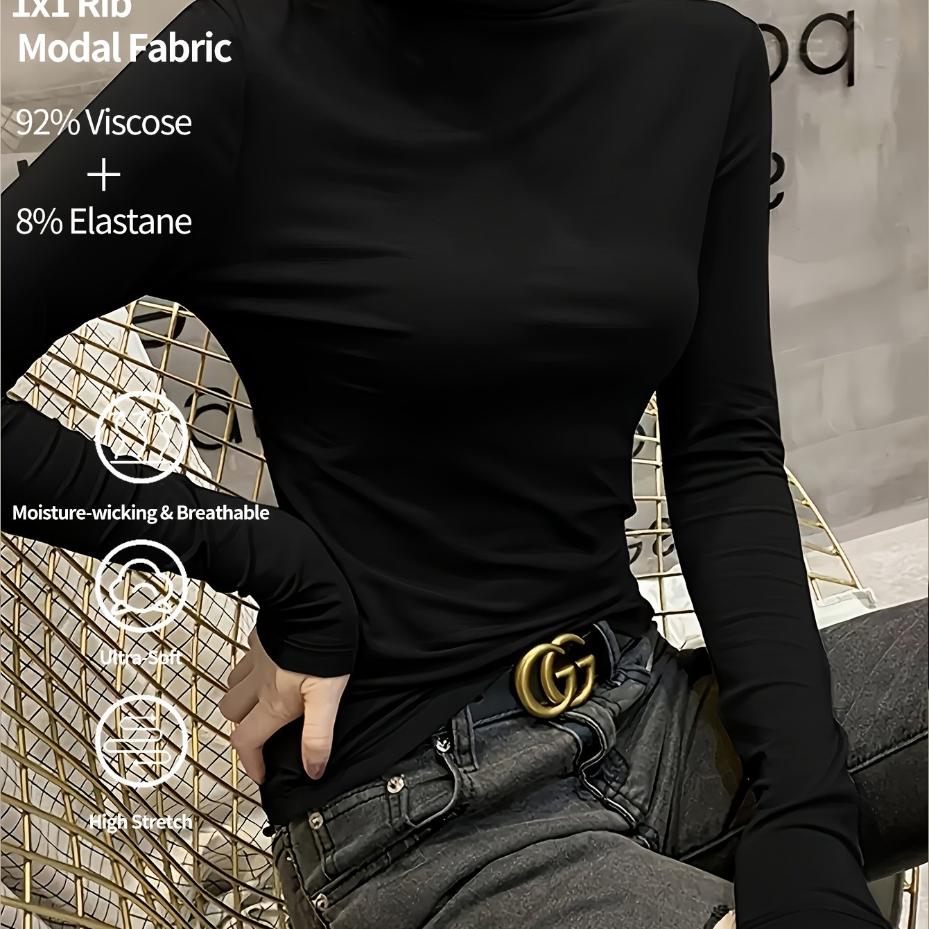 E-shop Damen Winter-Warmes Hoch-Elastisches Moda-Kragen Langarmshirt – Uni-Farben Slim-Fit Bluse zum Schichten, Maschinenwaschbare Basis-Schicht,
