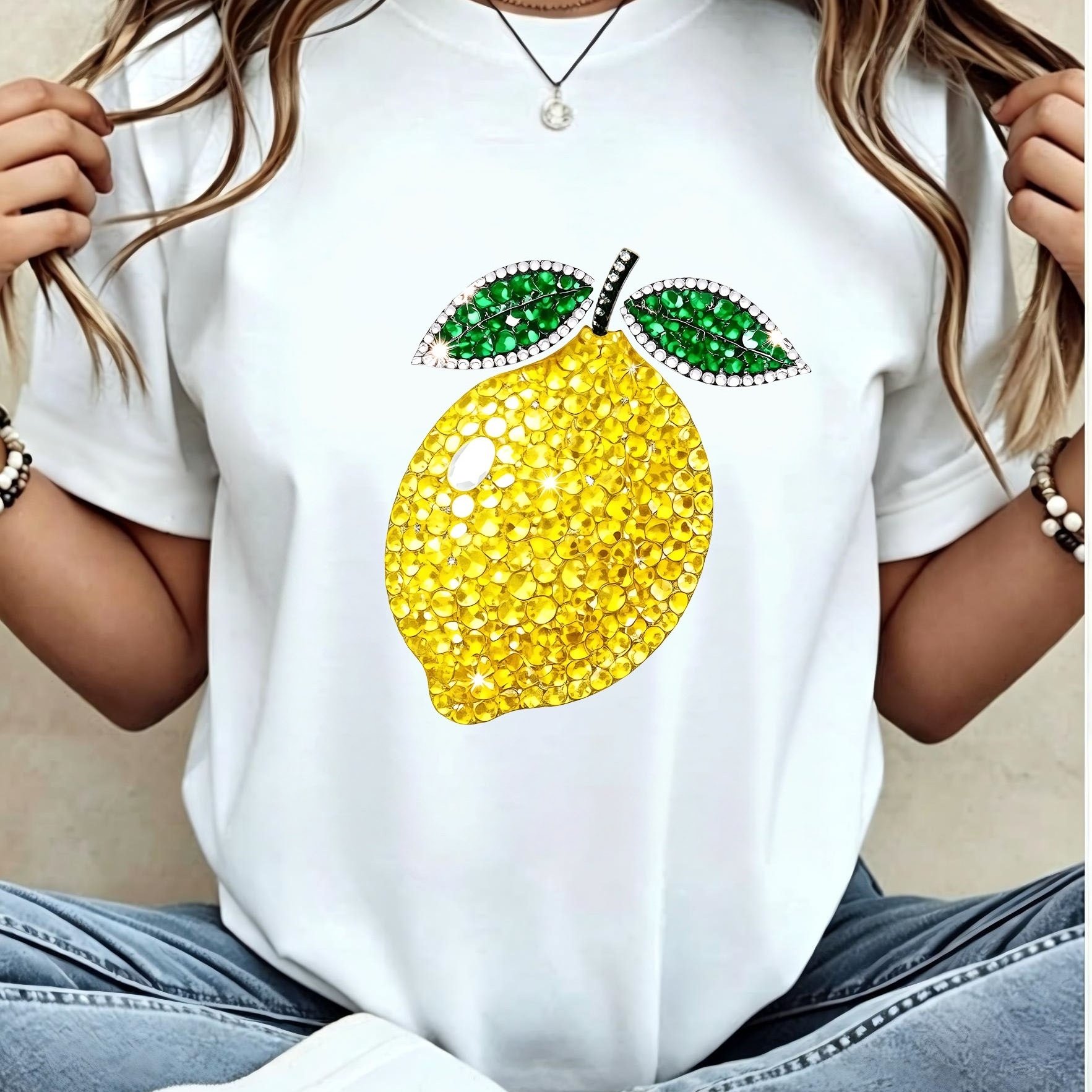 TEMU Women' Short-sleeve T-shirt With Refreshing Lemon Design. Made From Breathable Fabric, In Sizes, Casual And Comfortable, Wear And Outdoor