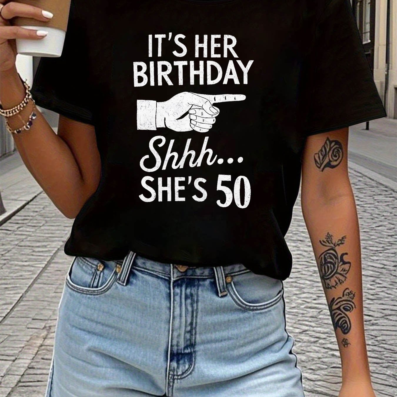 TEMU Plus Size, 50th Birthday Shhh Fun Celebration Letter Print Plus Size Women's T-shirt, Short Sleeve Crew Neck Casual Top For Summer & Spring,