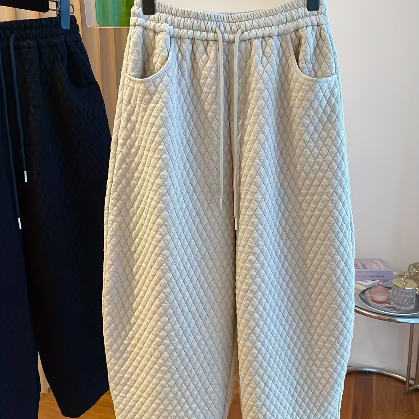 TEMU プラスサイズ、ラインストーン付き厚手ハーレムパンツ、春秋用プラスサイズレディースパンツ、秋冬用プラスサイズレディースダッドパンツ、伸縮ウエストとドローデザインのパンツ、カジュアルで快適なツ