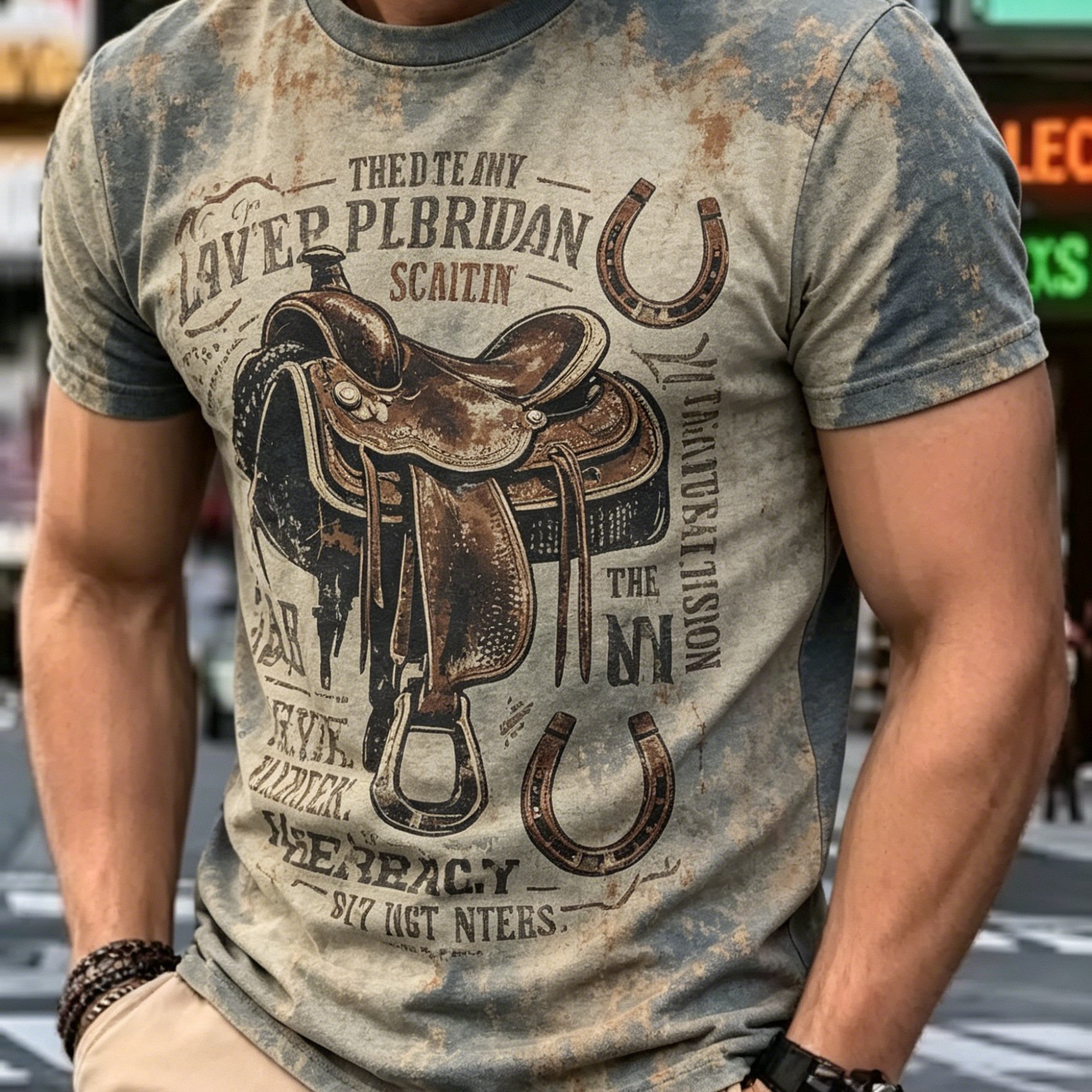 TEMU Men's Distressed Western Print T-shirt, Vintage Distressed Effect, Summer Short-sleeve Tee, Comfortable, Breathable, And Loose Fit, For Daily